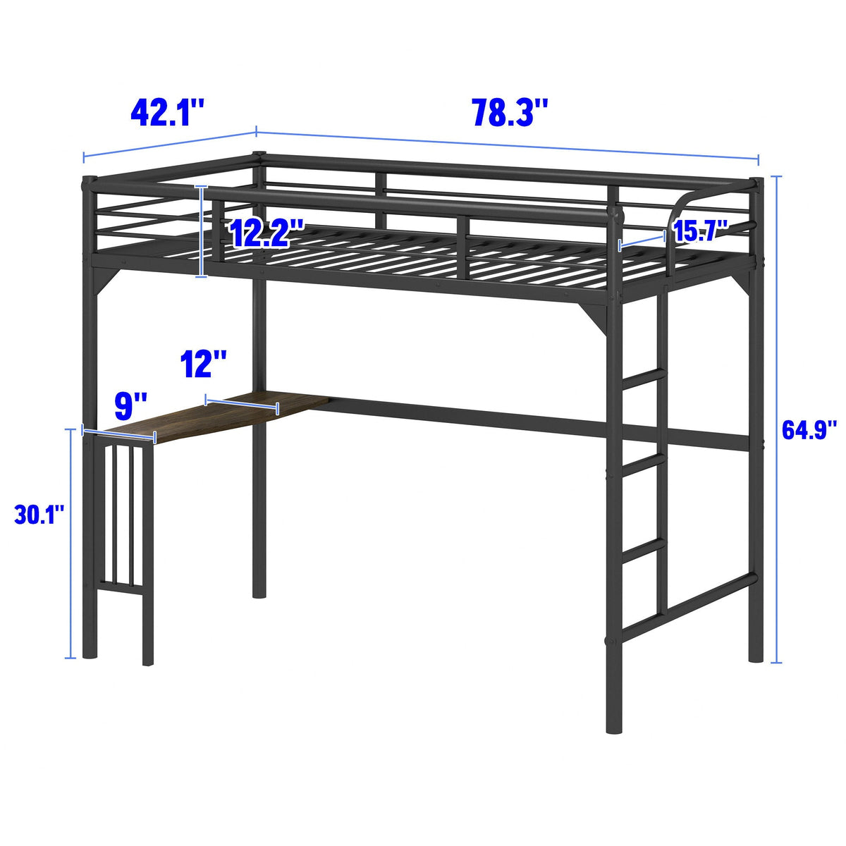 Twin Metal Loft Bed With Desk, Ladder And Guardrails, Bookdesk Under Bed - Black
