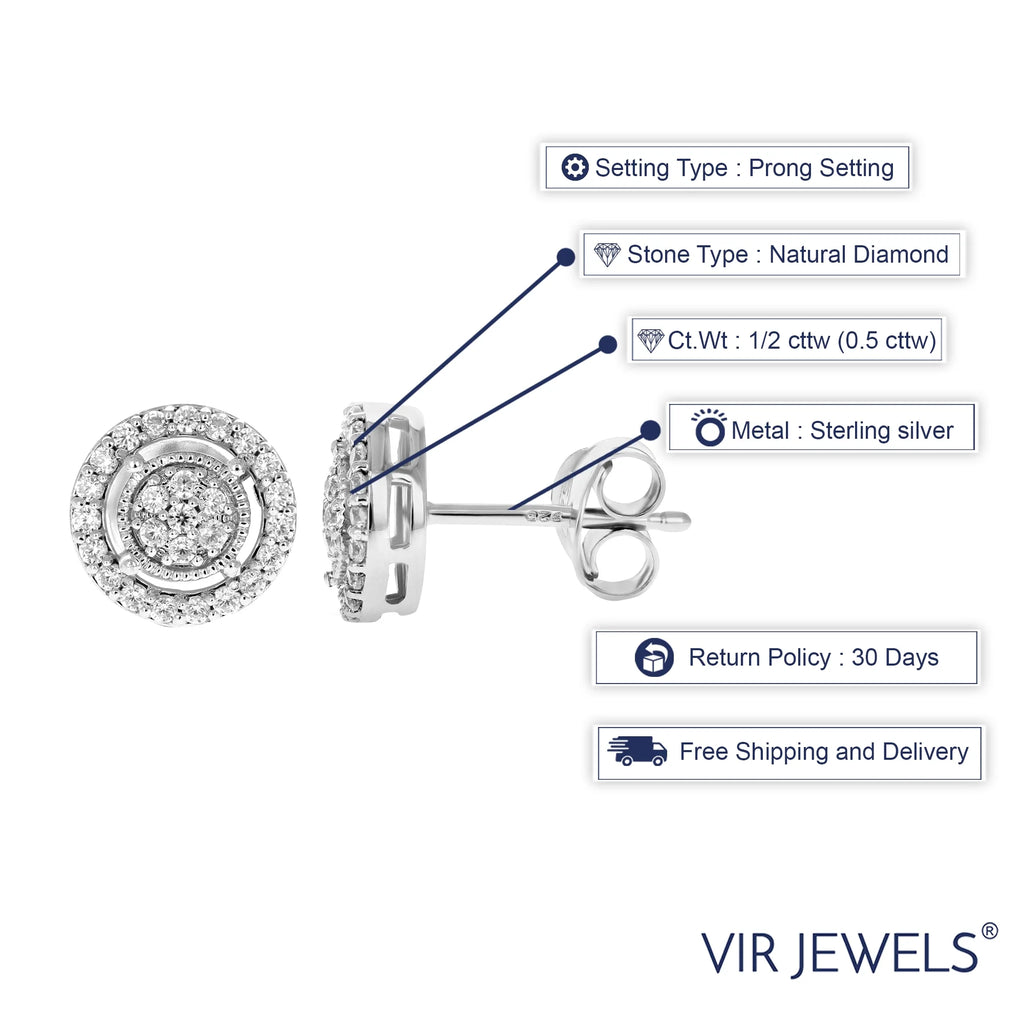 1/2 CTTW round Diamond Stud Earrings in .925 Sterling Silver with Rhodium Female Adult