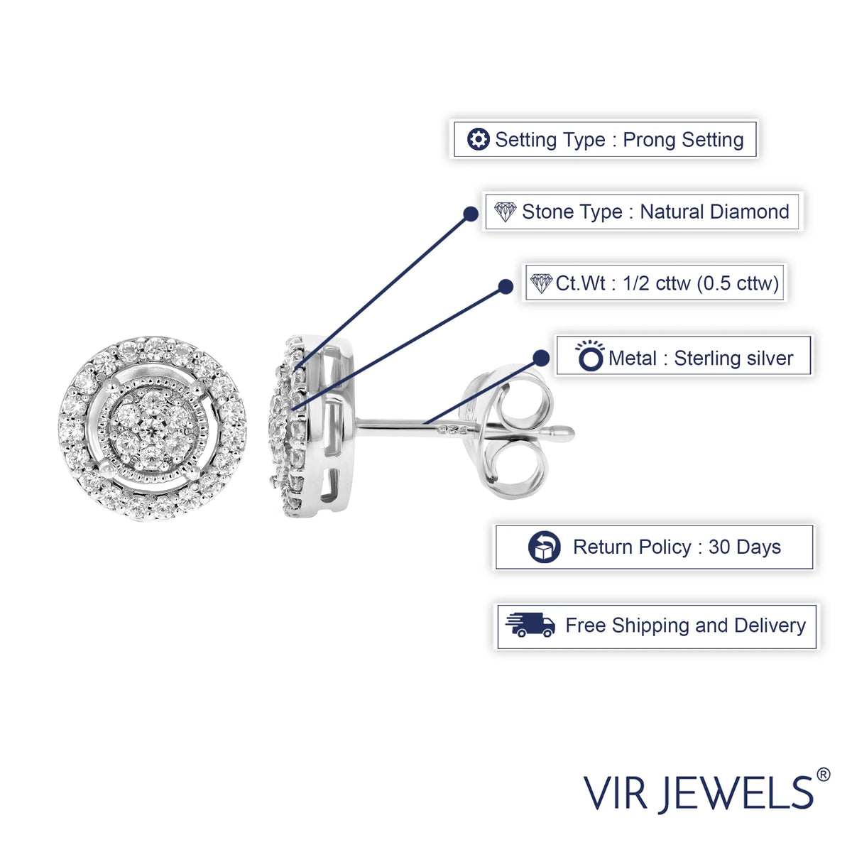 1/2 CTTW round Diamond Stud Earrings in .925 Sterling Silver with Rhodium Female Adult