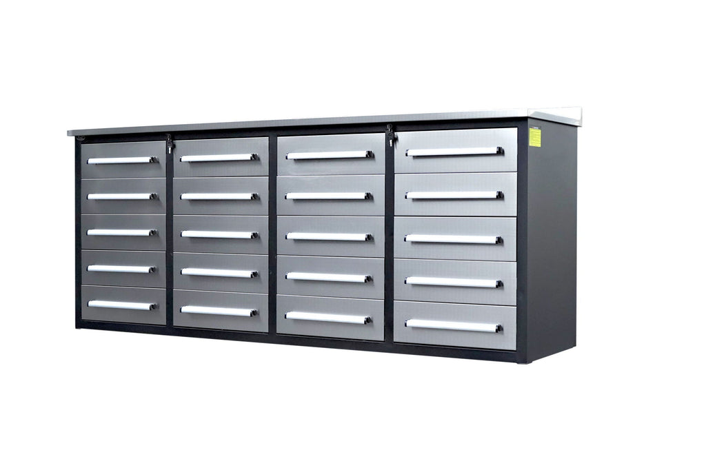 Garage Storage Cabinets With Workbench (With 20 Drawers) - Silver