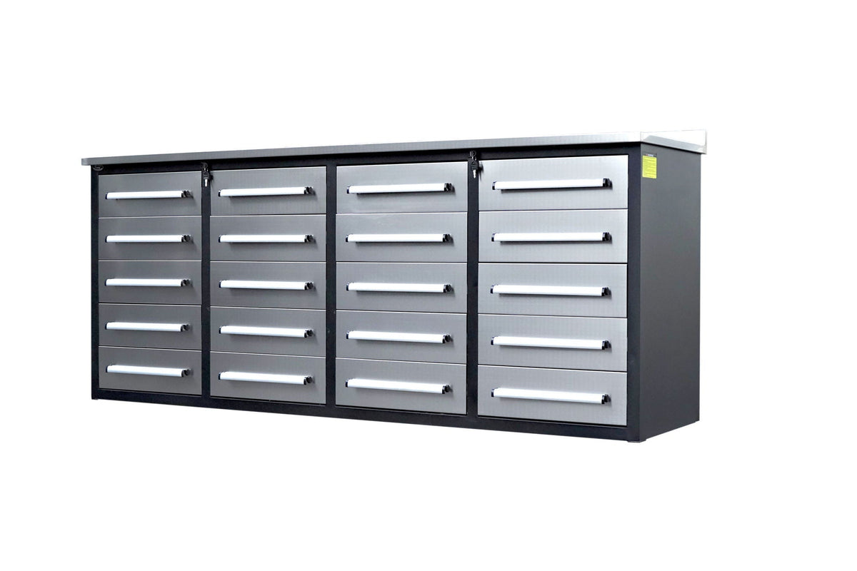 Garage Storage Cabinets With Workbench (With 20 Drawers) - Silver