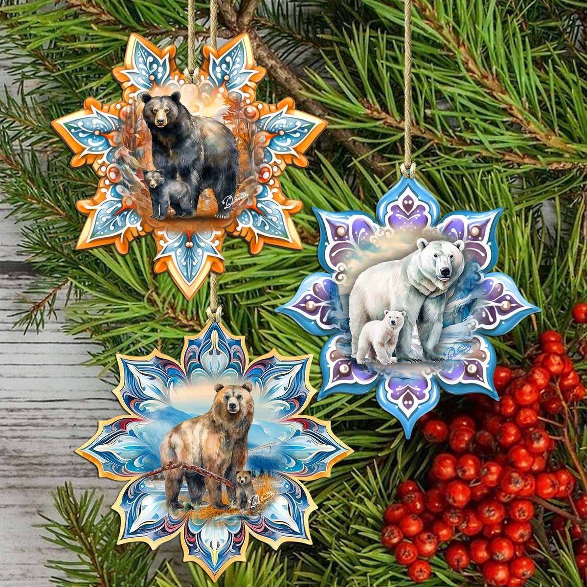 Bears Snowflake Eco Wood Ornaments Set of 3 by G. Debrekht - Nature Wildlife Decor - 8090143-S3