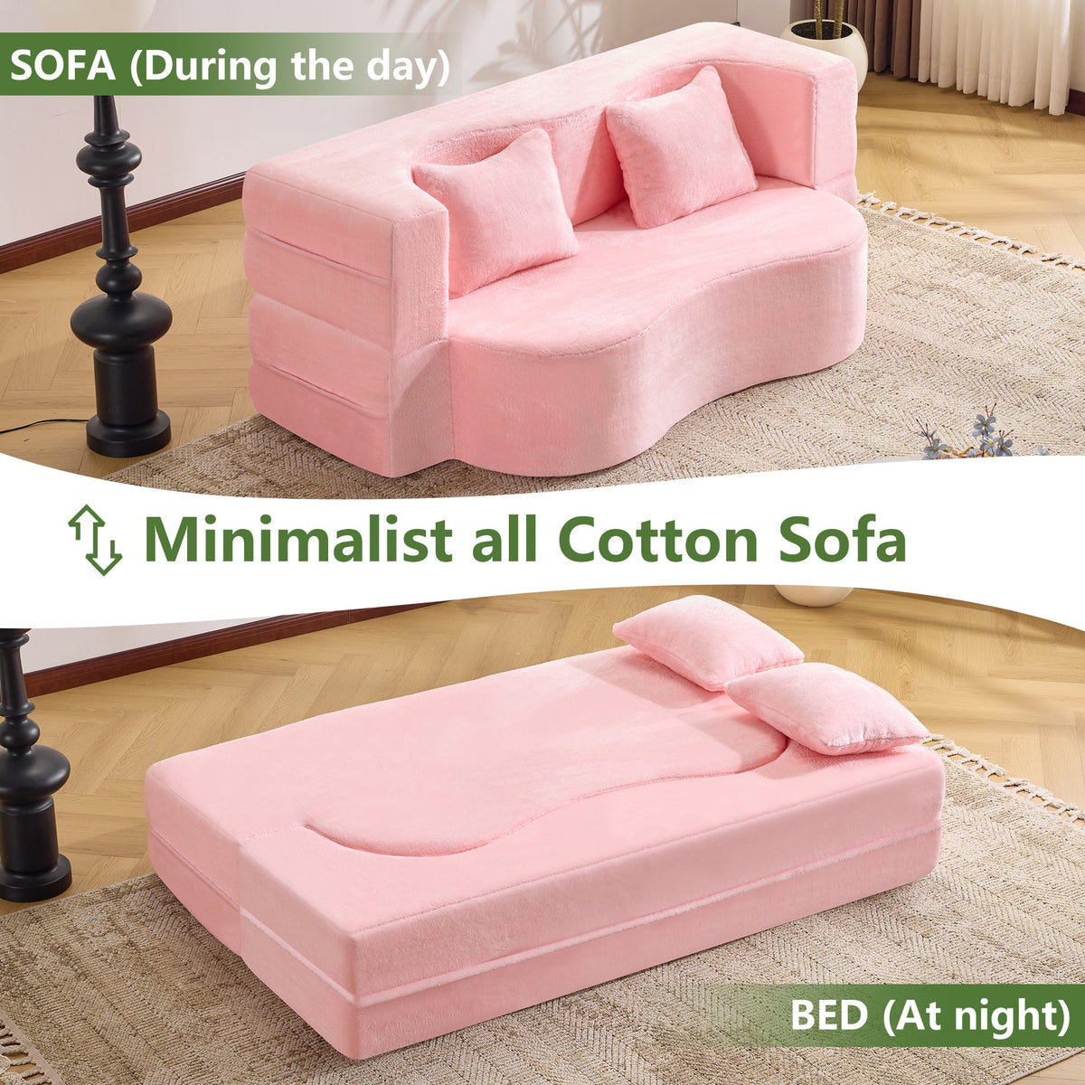 71-Inch Folding Sofa Bed in Pink Chenille with High-Density Foam