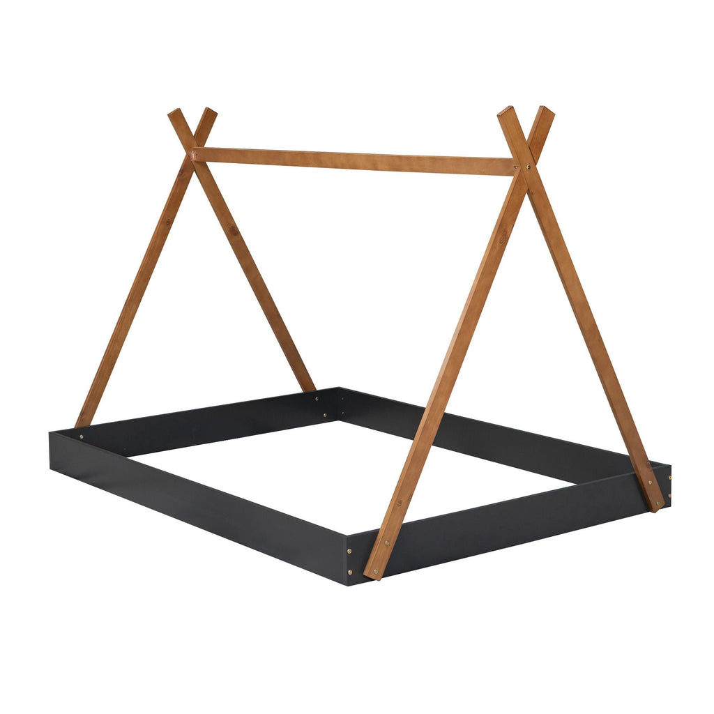 Full Size Tent Floor Bed With Triangle Structure, Low Profile Design - Black / Brown