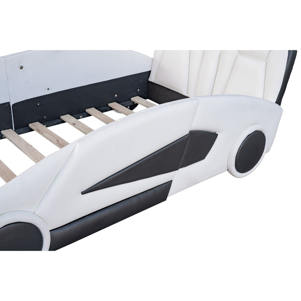 Race Car Shaped Twin Platform Bed With Wheels, Pine Wood Construction