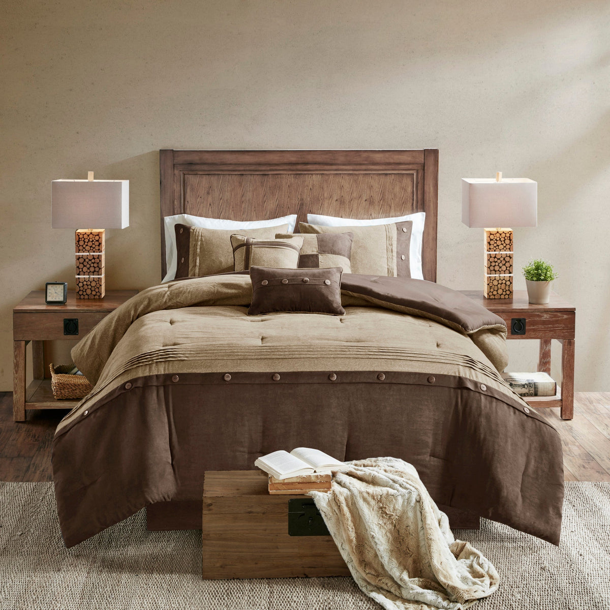7 Piece Faux Suede Comforter Set Brown California King