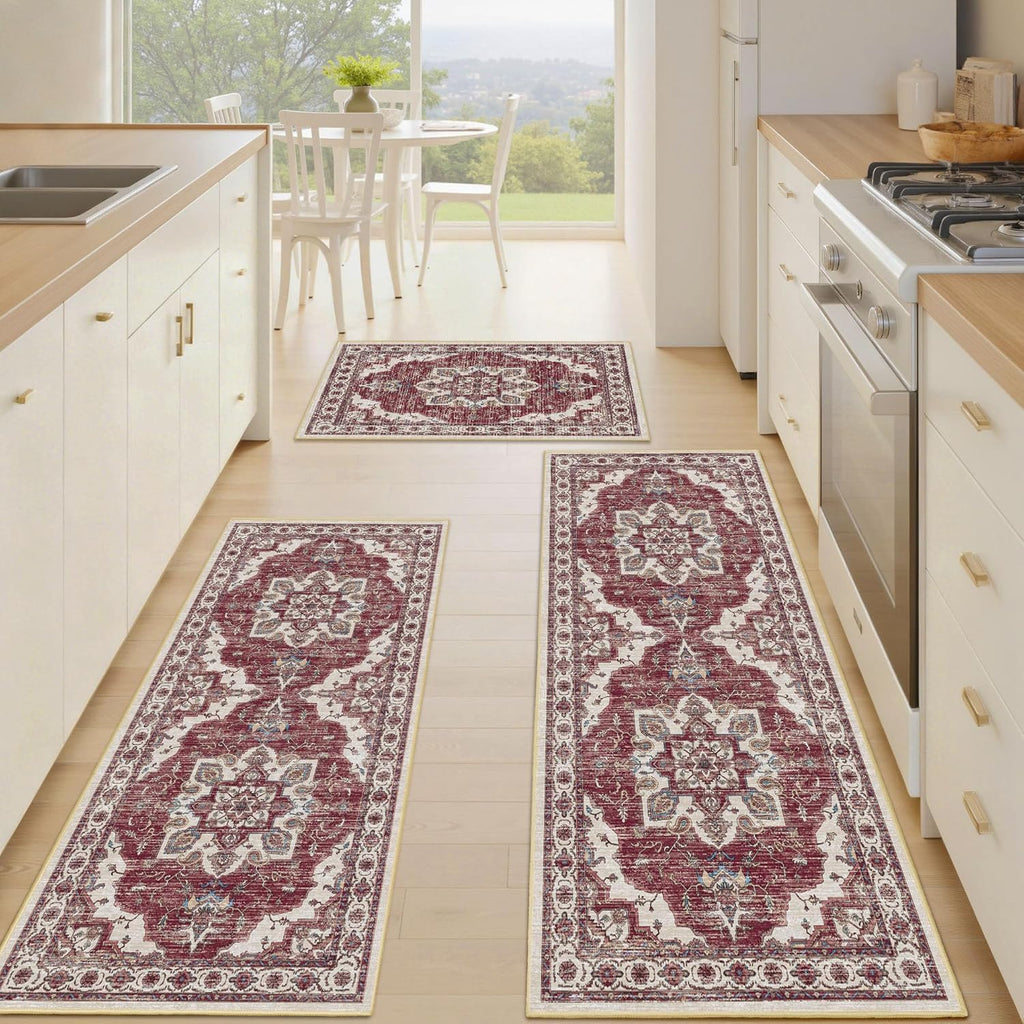 Non Slip Kitchen Rugs Sets of 3 Washable Kitchen Rug Boho Kitchen Mats for Floor Soft Kitchen Runner Rug Non Skid Kitchen Floor Carpet for Entryway Hallway Laundry Room, Brick Red