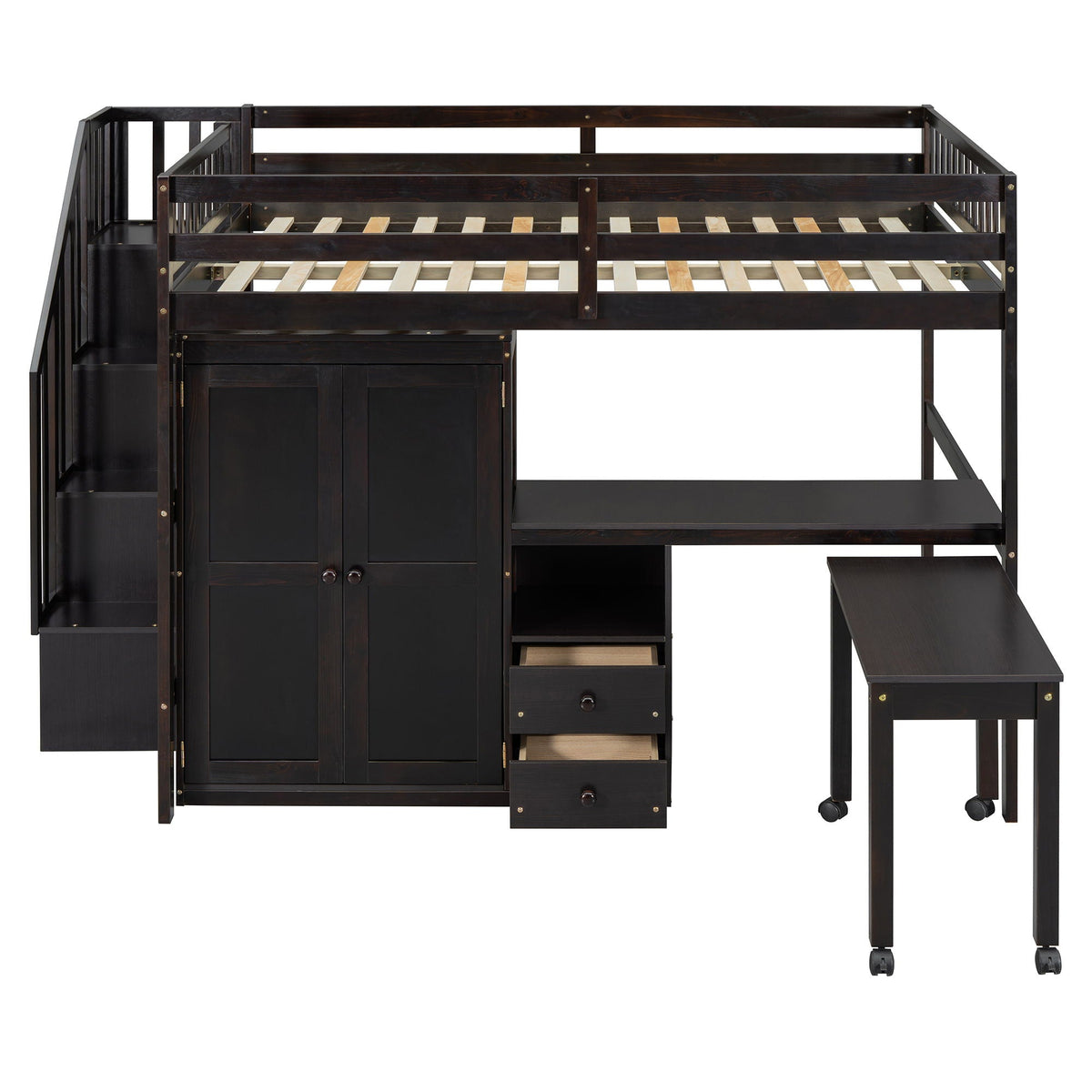 Loft Bed With Stairs, Bookshelf, Drawers, Desk & Wardrobe, Space Saving Multifunctional Furniture
