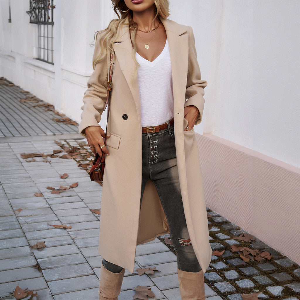 Women's Long Turn-Down Collar Coat – Elegant Commuter Jacket with Pockets