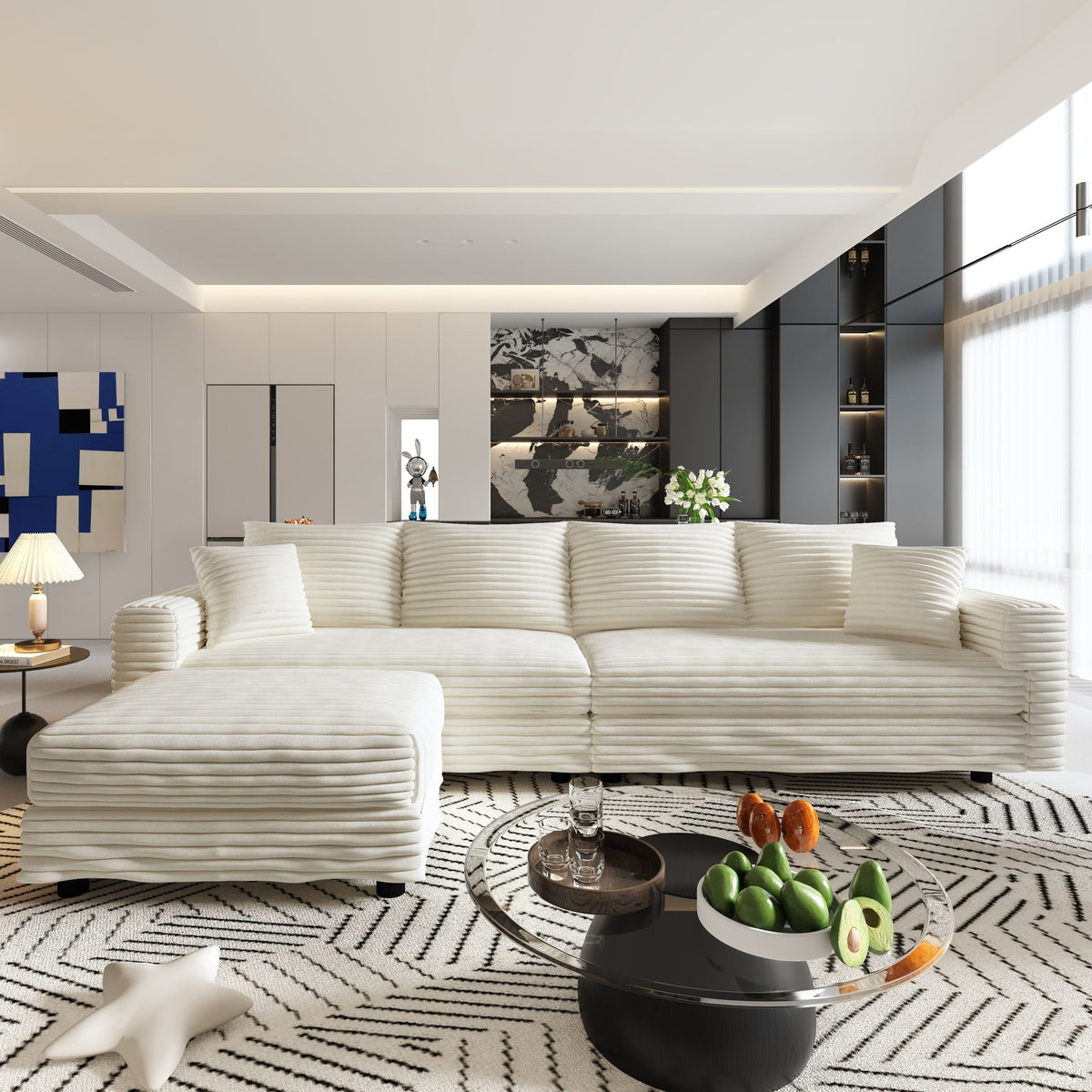 Deep Seat Convertible Sofa With Soft Pillows And Ottomans