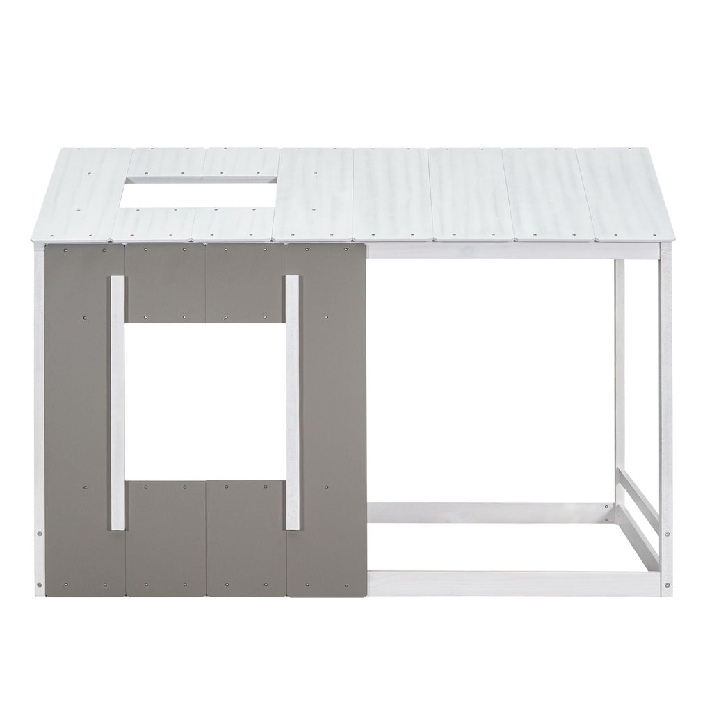 Twin Size House Platform Bed With Roof And Window - Natural / White
