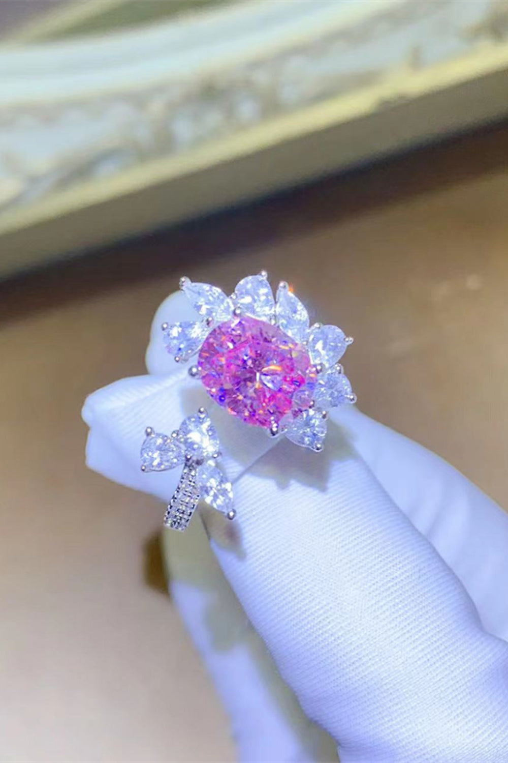 3 Carat Pink Oval-Cut Sparkala™ Platinum Over Pure Sterling Silver Open Ring