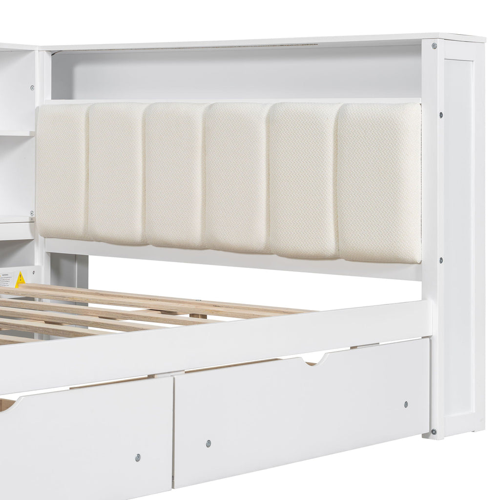 Platform Bed With Storage Shelves, Drawers, Charging Station, LED, Desk