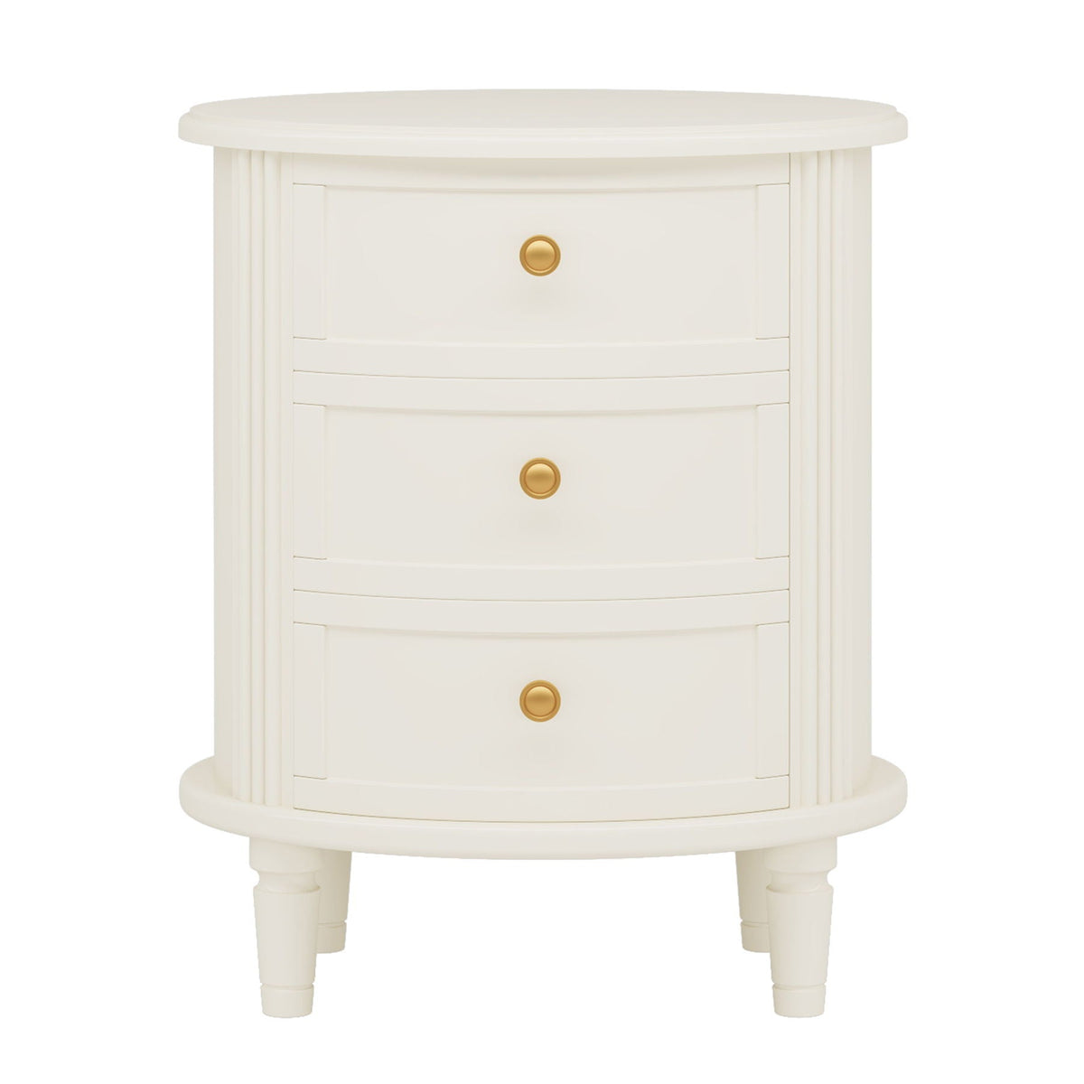 Oval Nightstand With 3 Drawers, Bedside Table - White