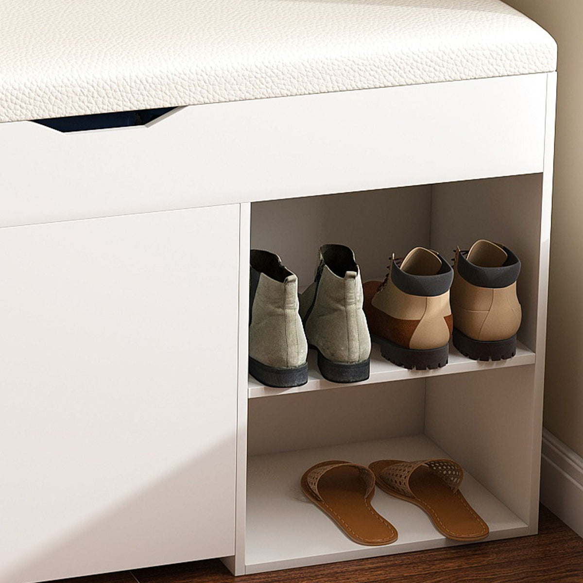 Modern Design Entryway Bench With Adjustable 3 Tier Flip-Up Drawers And Hidden Cabinet - White