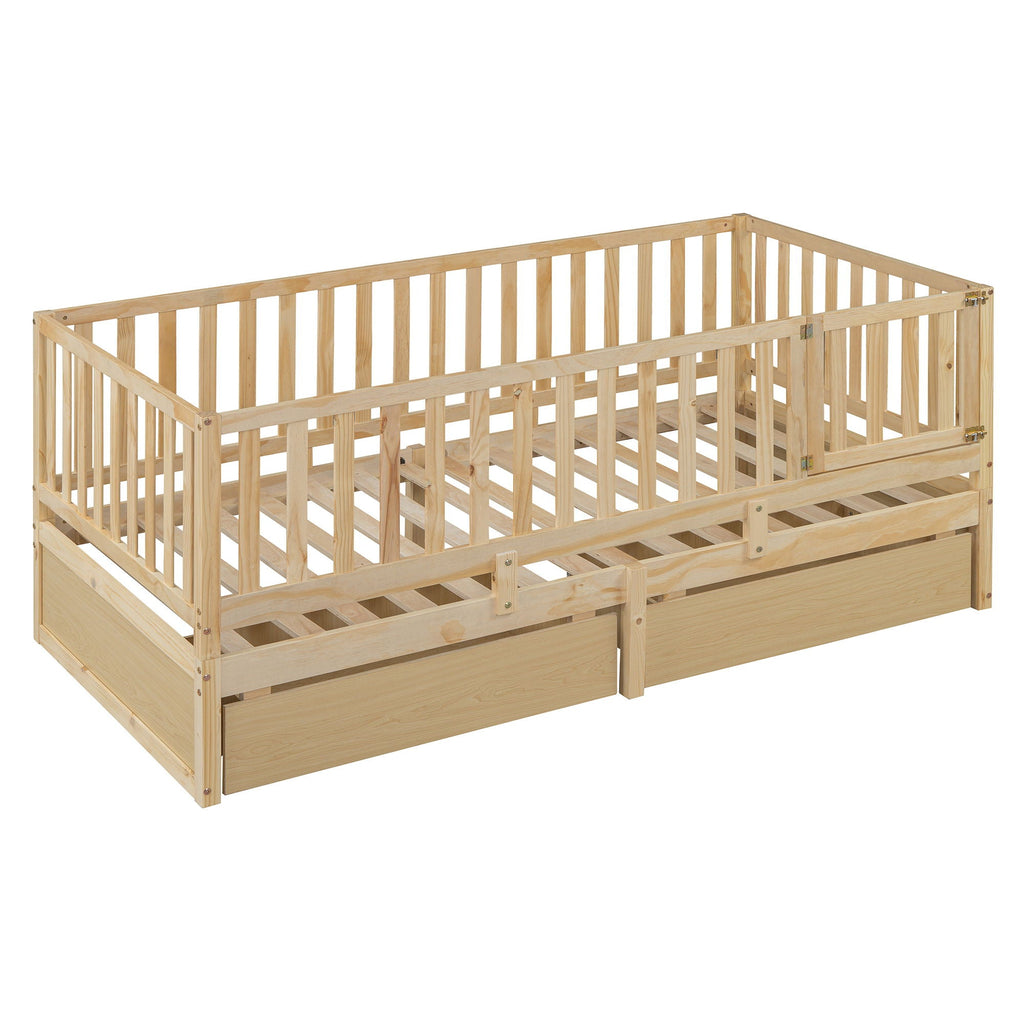 Daybed With Fence Guardrails And 2 Drawers, Split Into Independent Floor Bed & Daybed