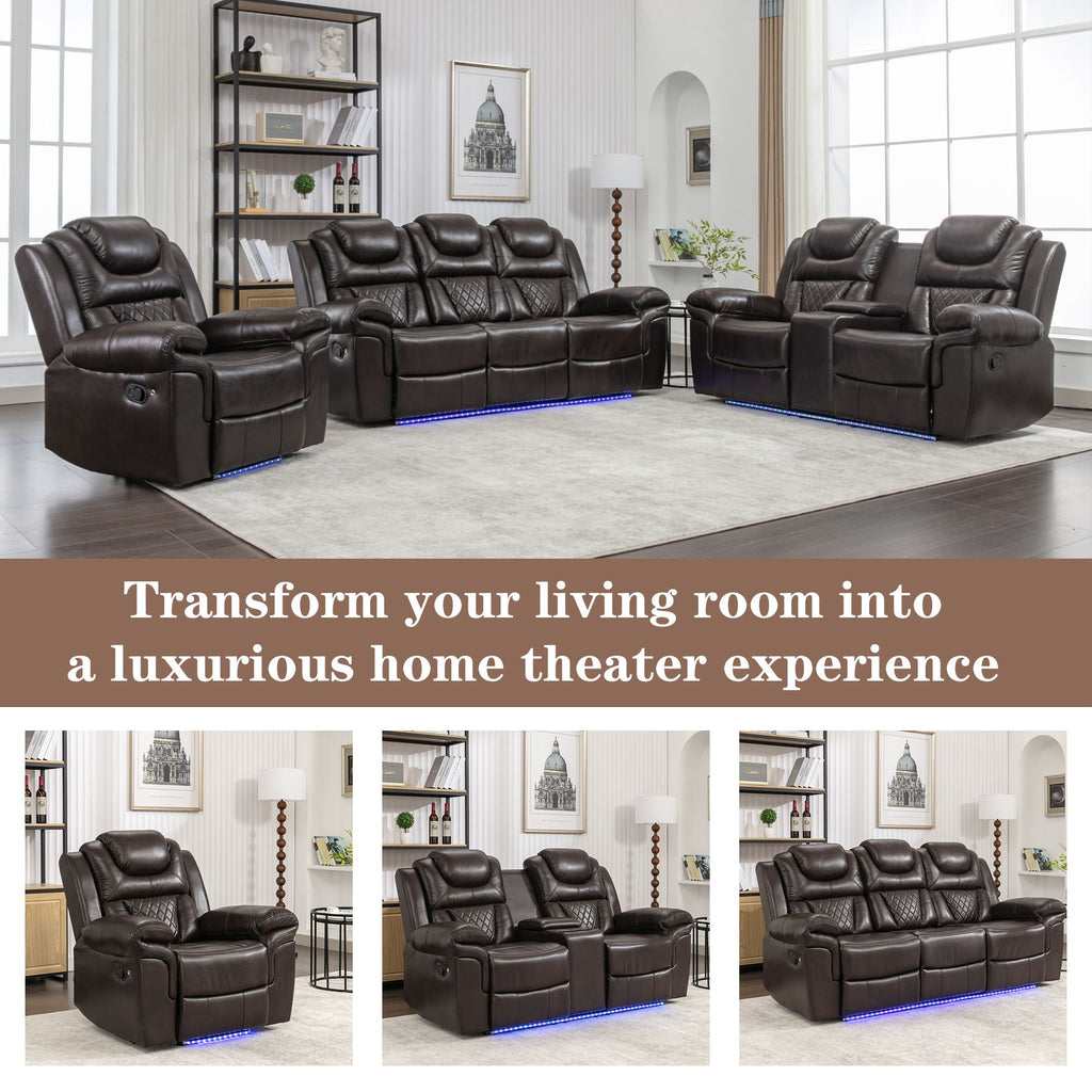 3 Pieces Recliner Sofa Sets Home Theater Seating Manual Recliner Chair With Center Console And LED Light Strip For Living Room
