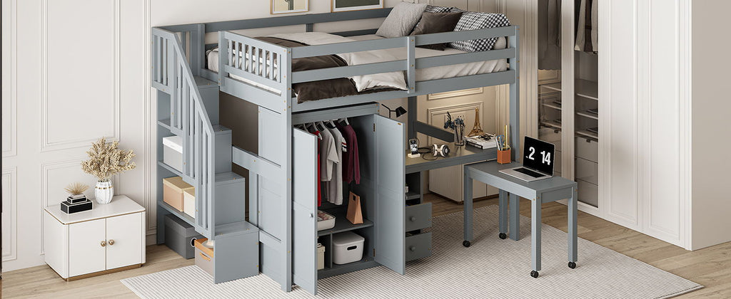 Loft Bed With Stairs, Bookshelf, Drawers, Desk & Wardrobe, Space Saving Multifunctional Furniture