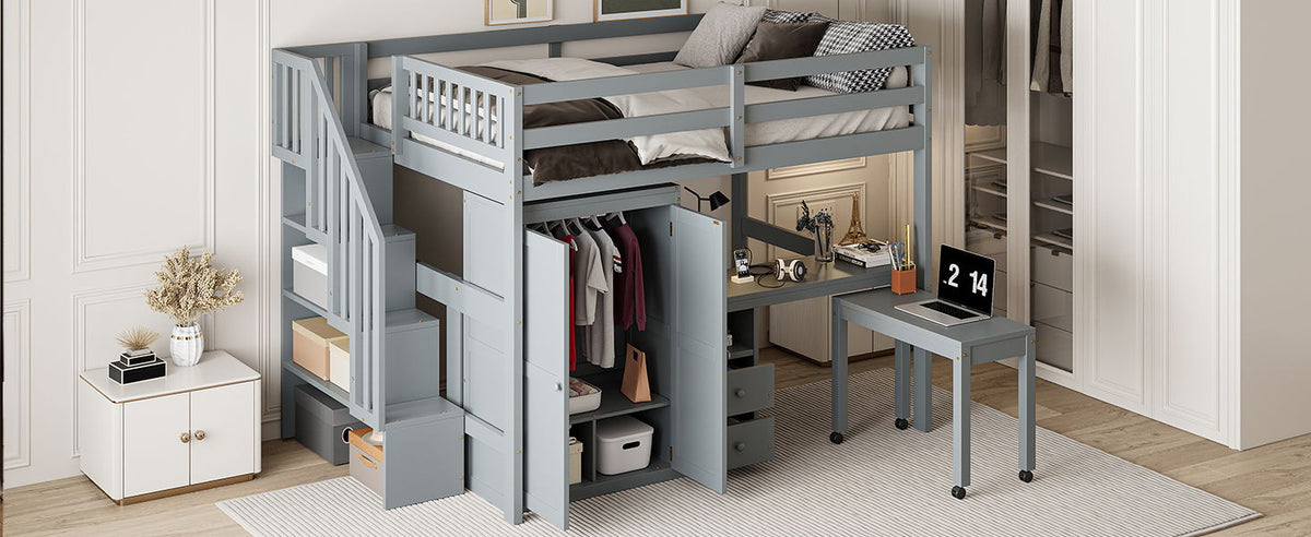 Loft Bed With Stairs, Bookshelf, Drawers, Desk & Wardrobe, Space Saving Multifunctional Furniture