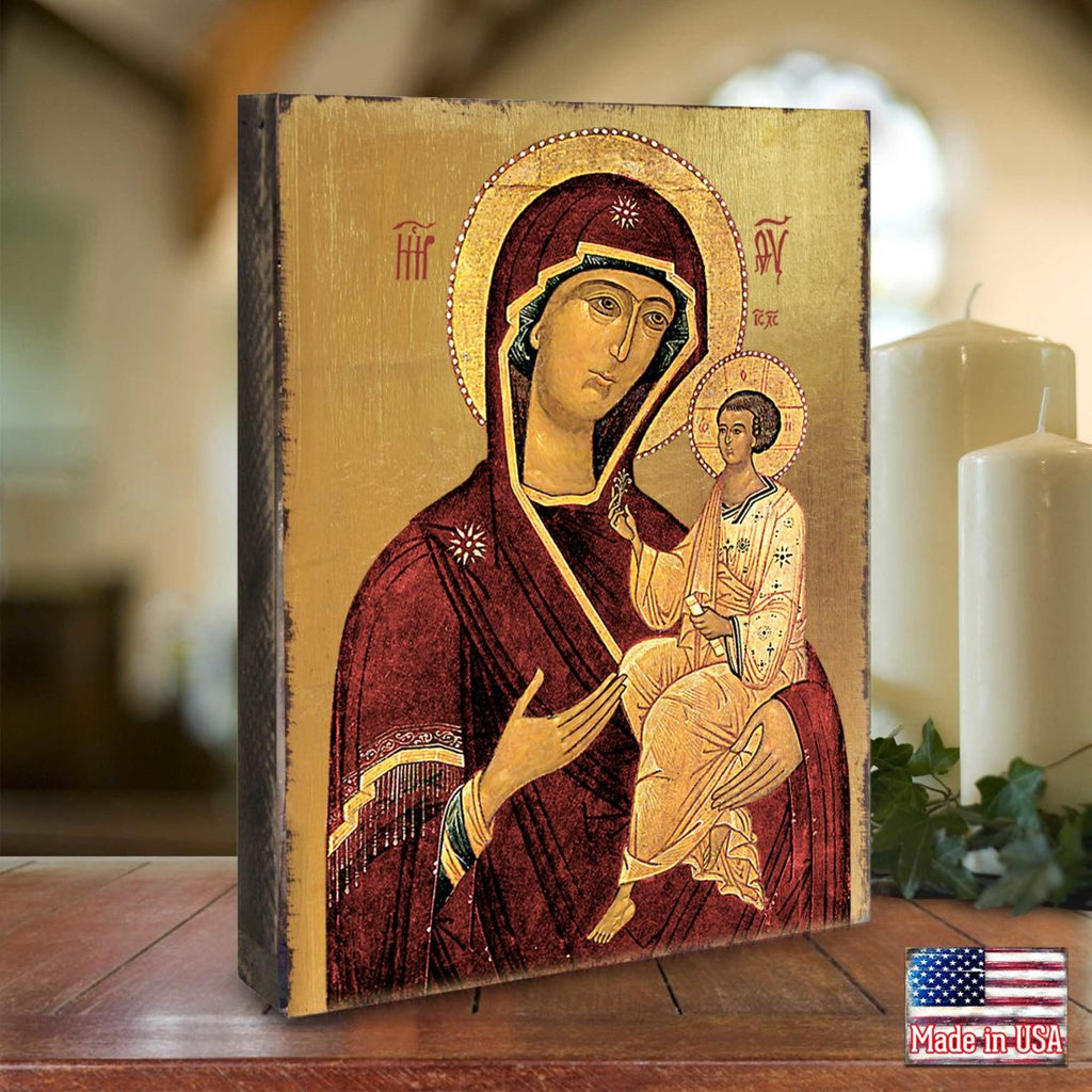 Virgin Mary Wooden Gold Plated Religious Orthodox Sacred Icon - Inspirational Icon Decor - 85063