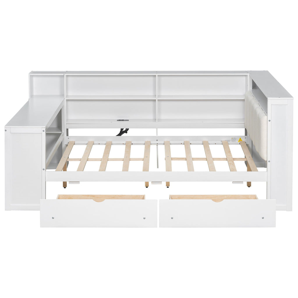 Platform Bed With Storage Shelves, Drawers, Charging Station, LED, Desk