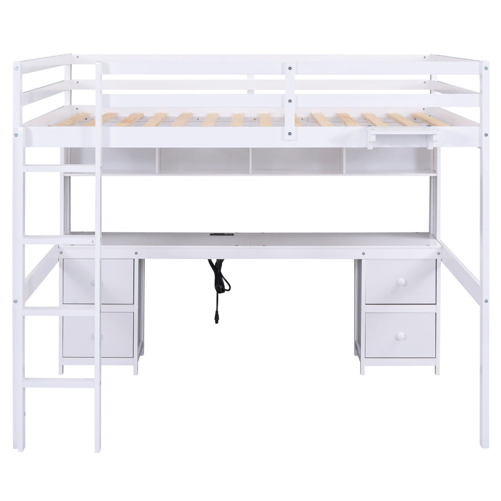 Full Size Loft Bed With Desk, Cabinets, Drawers, Charging Station And Bedside Tray, Sturdy Frame, No Box Spring Required - White