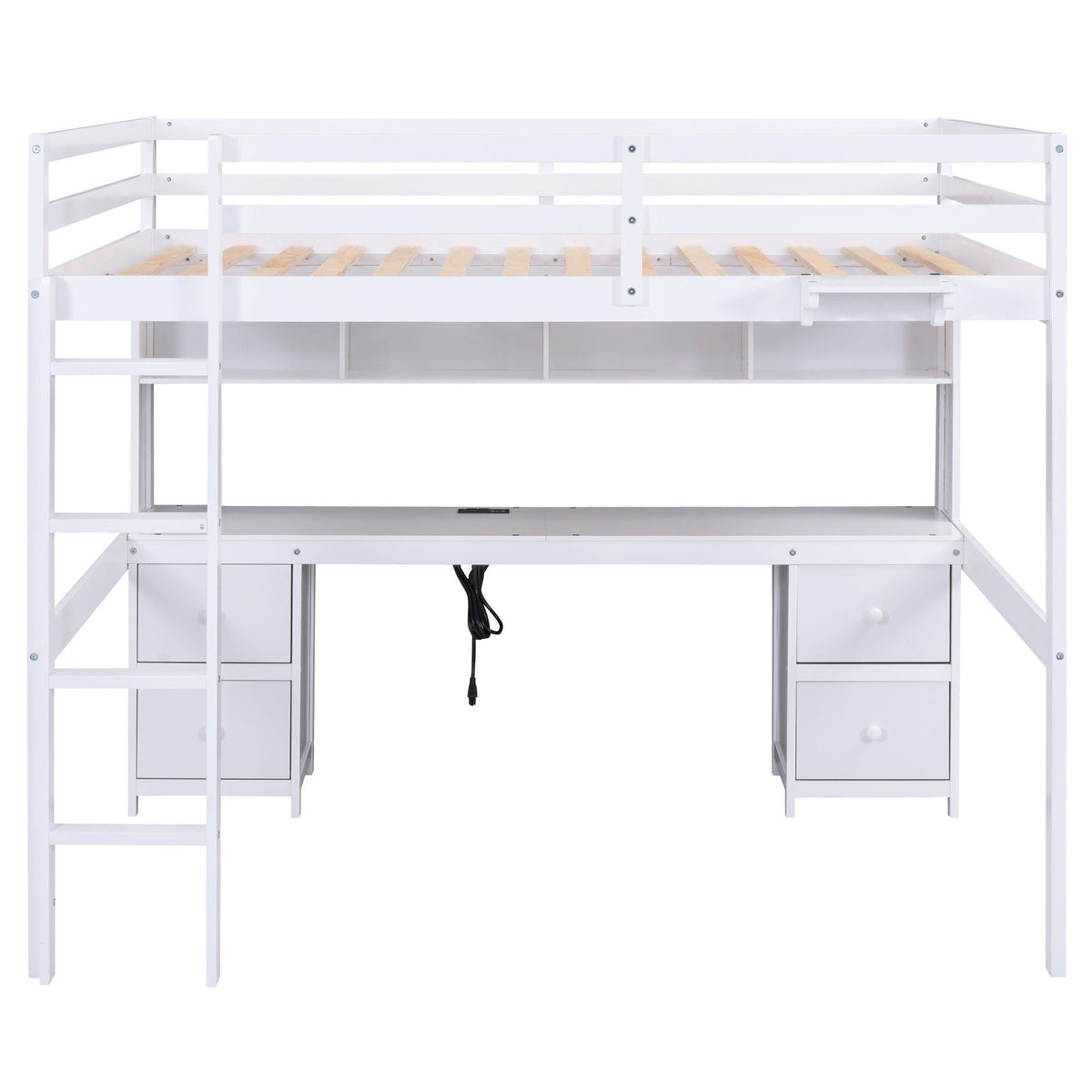 Full Size Loft Bed With Desk, Cabinets, Drawers, Charging Station And Bedside Tray, Sturdy Frame, No Box Spring Required - White
