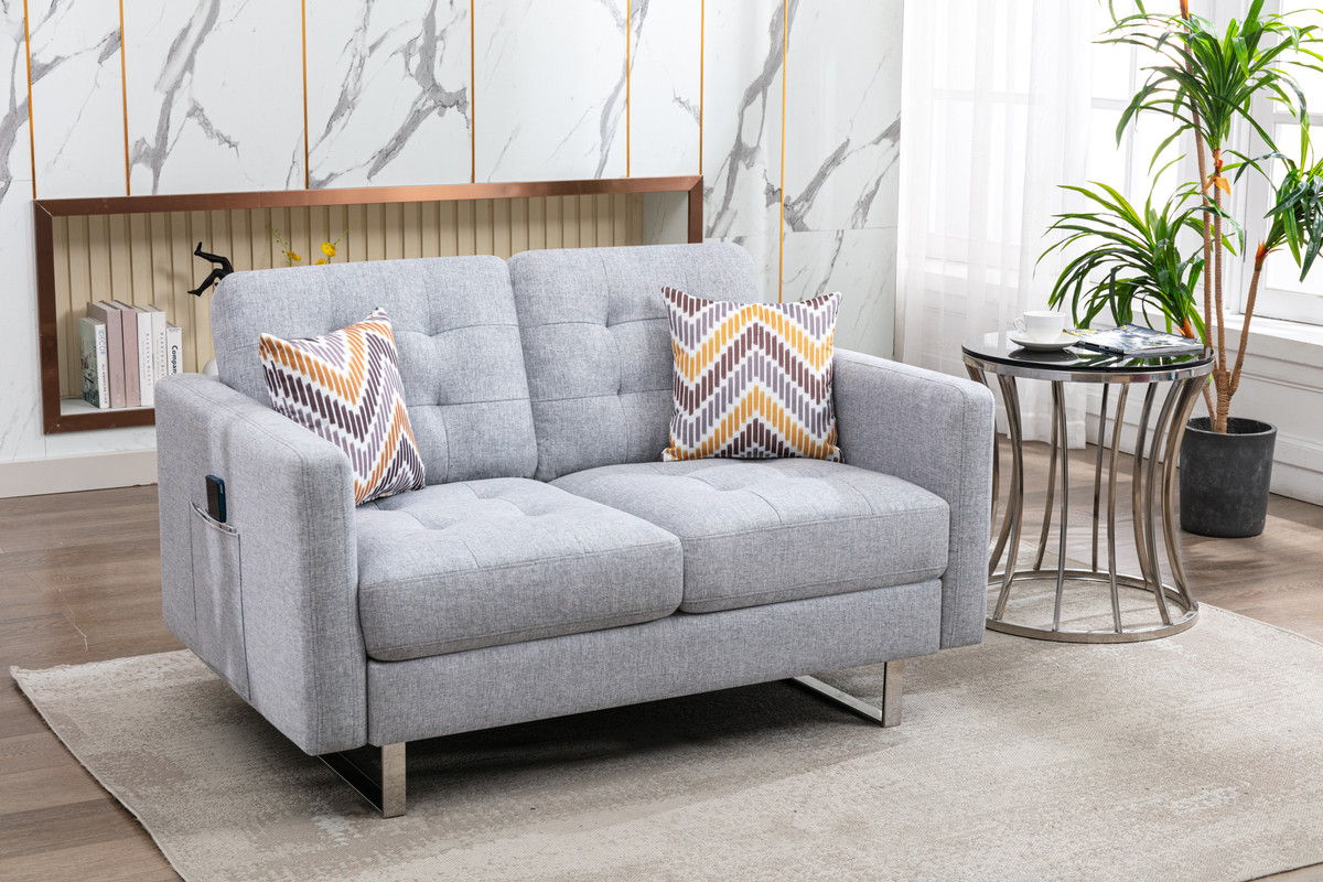 Victoria - Fabric Loveseat With Metal Legs, Side Pockets, And Pillows