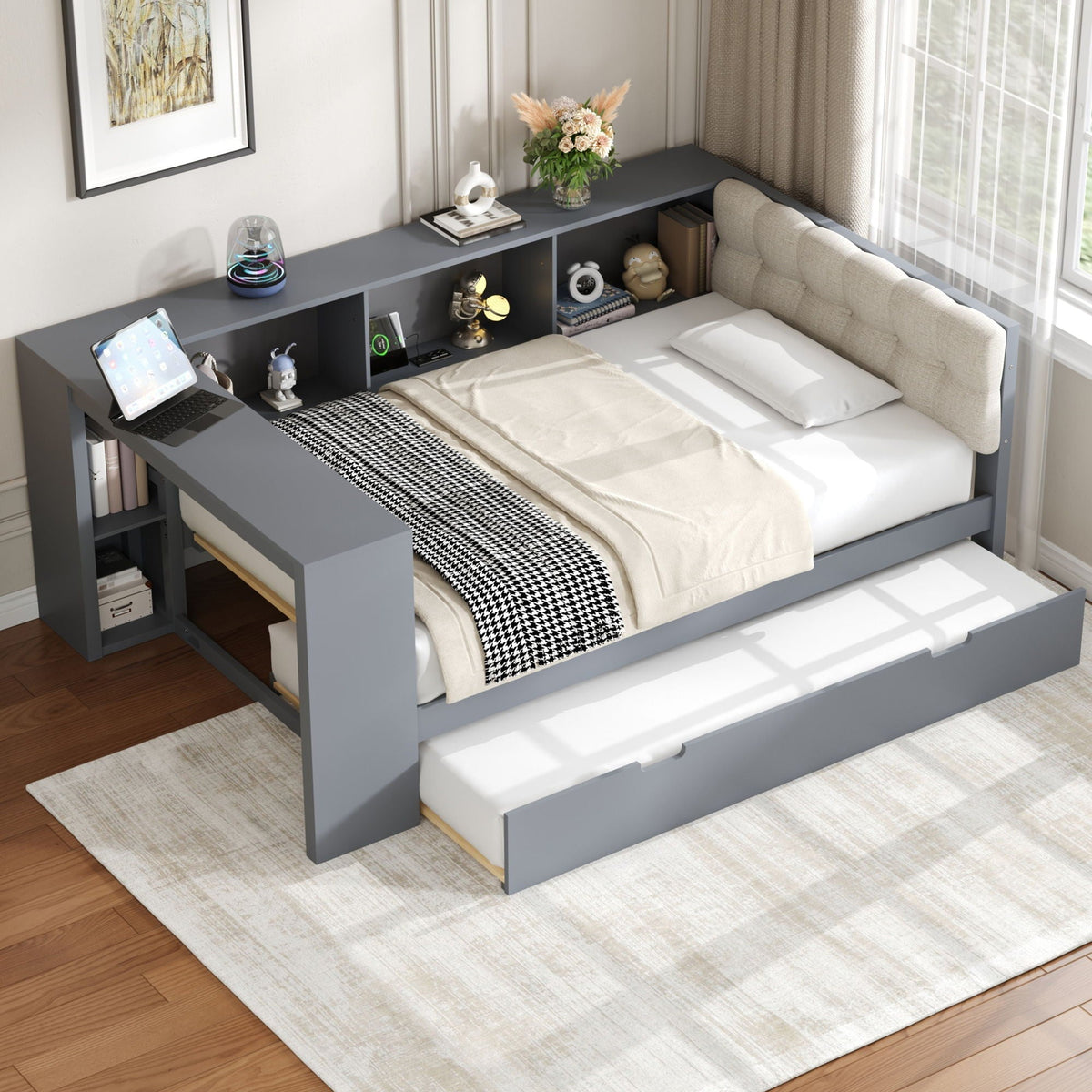 Upholstered Headboard Platform Bed with Storage Shelves, Trundle, and Charging Station