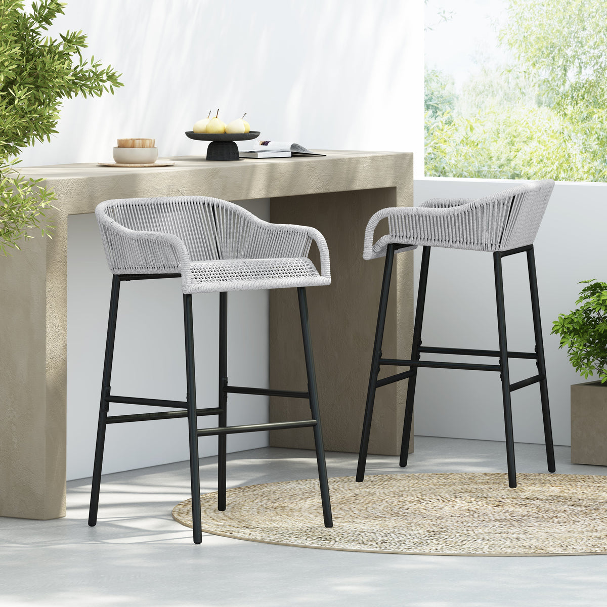 La Push Outdoor Patio Light Gray Rope Bar Stool, Set of 2