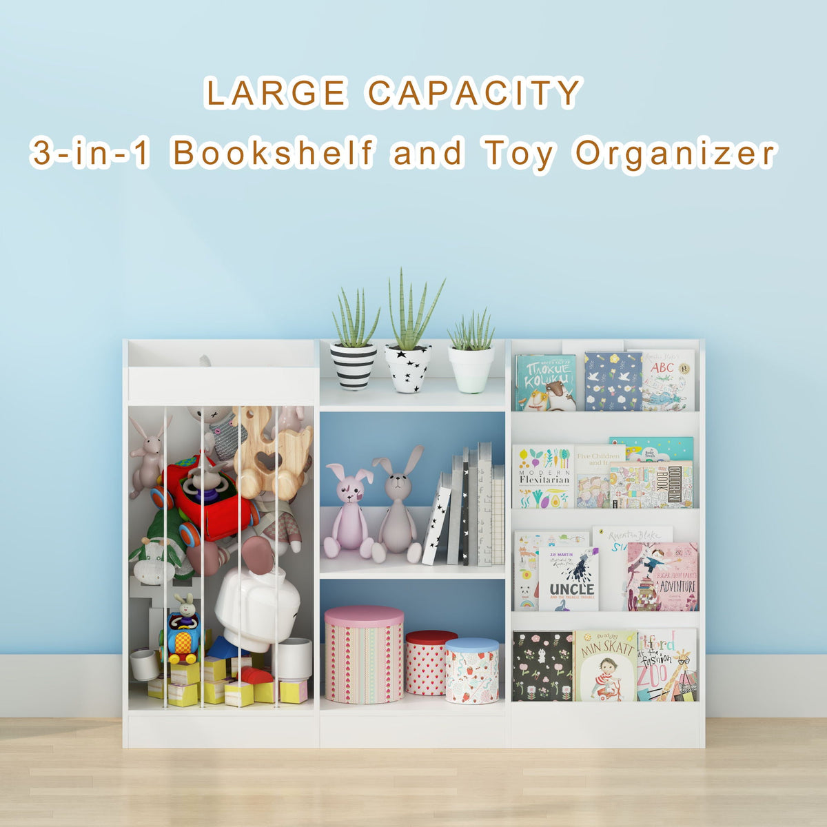 Bookshelf And Toy Storage, 3 Tier Montessori Bookcase With Stuffed Animal Organizer - White
