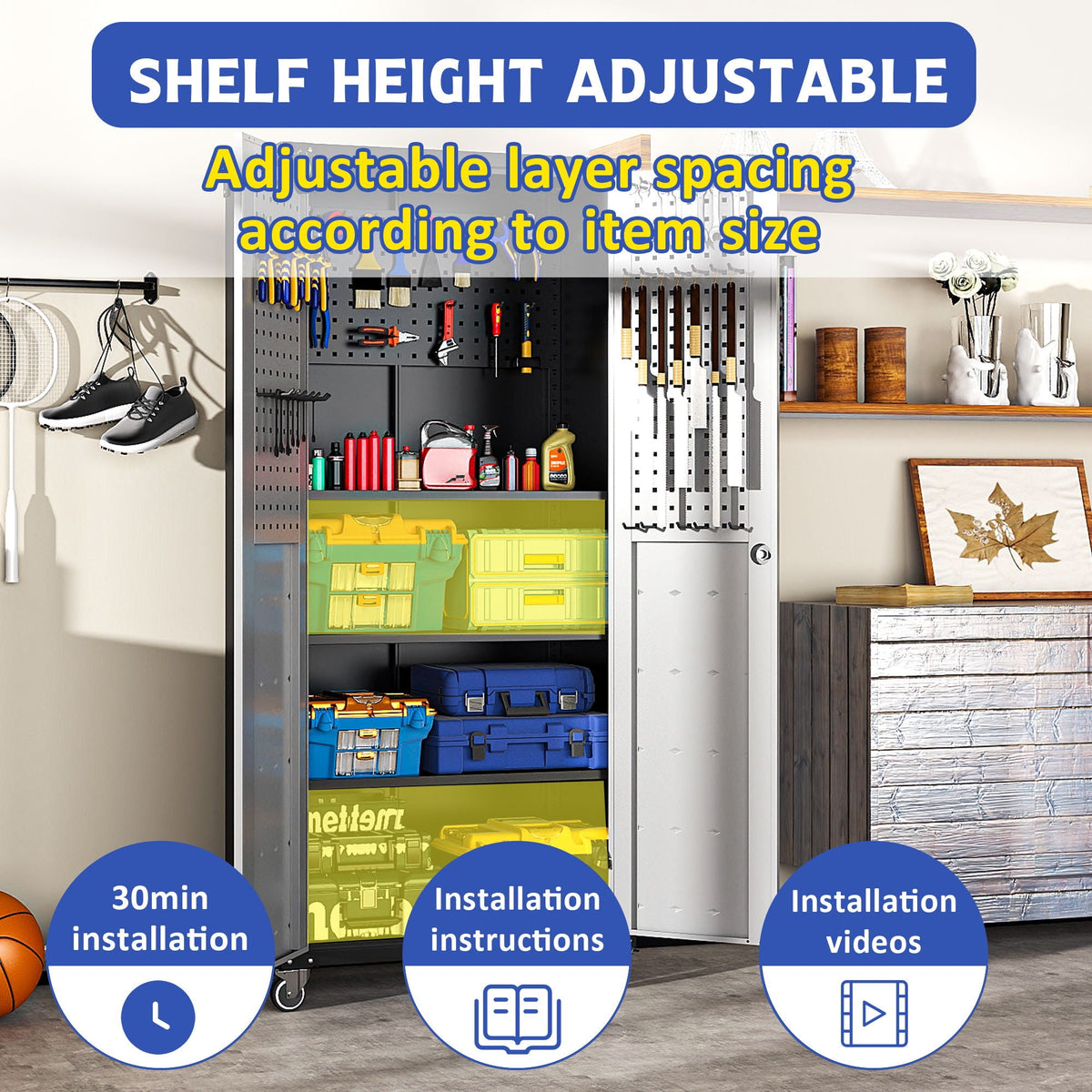 Metal Garage Storage Cabinet With Wheels Heavy Duty Tool Storage Cabinet - Brushed Nickel