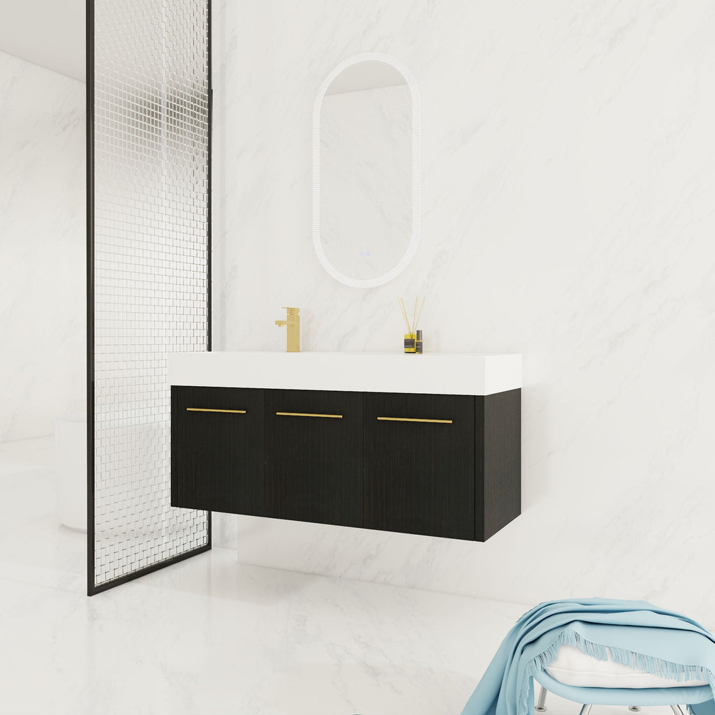 Contemporary 48" Wall Mounted Bathroom Vanity With Resin Sink And Soft Closing Doors And Line - Black Chestnut