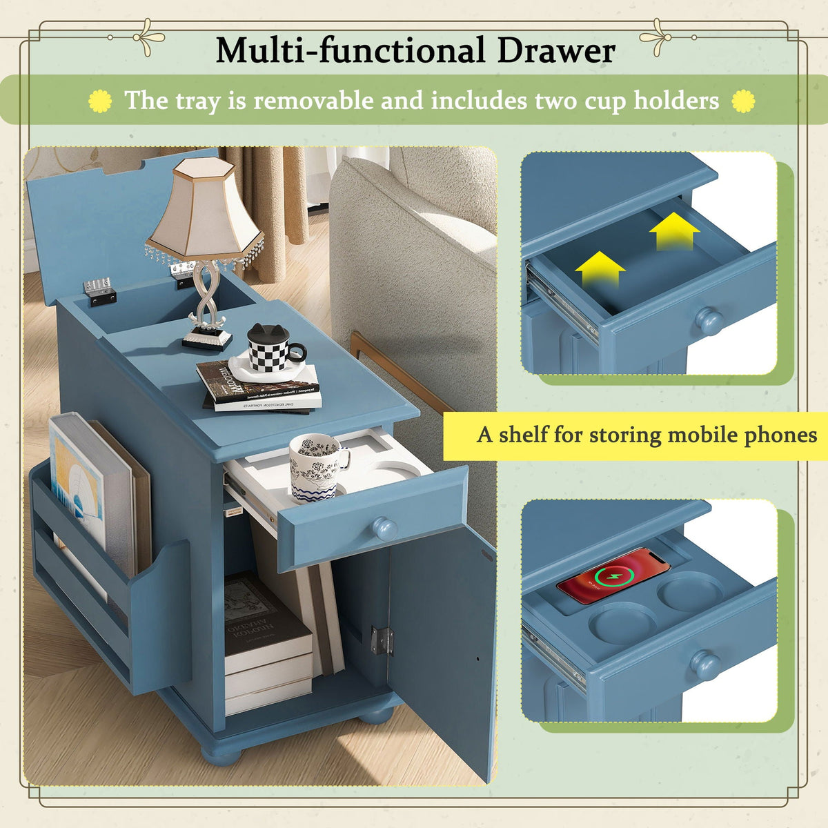 Vintage Flip Top Side Table With USB Ports