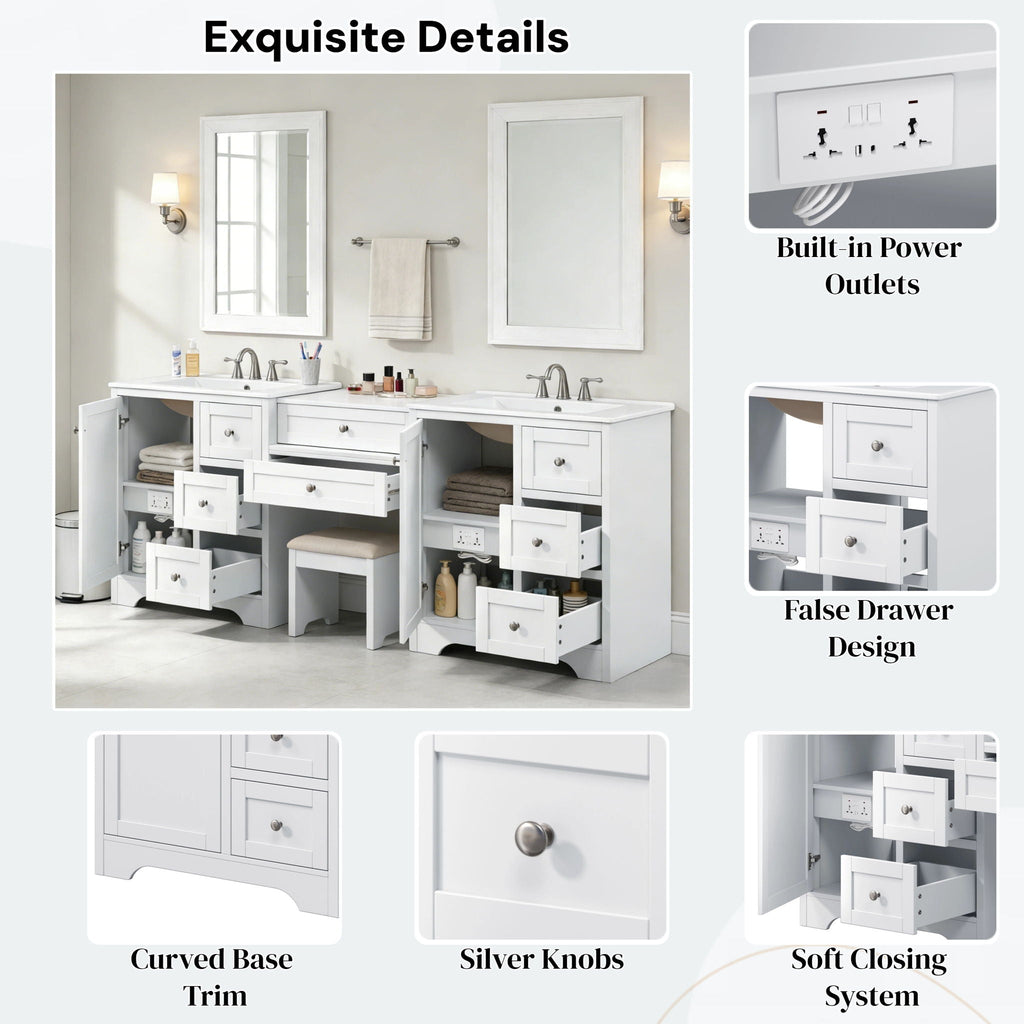 Double Sink Bathroom Vanity With Countertop, 2 Ceramic Sinks, 6 Drawers