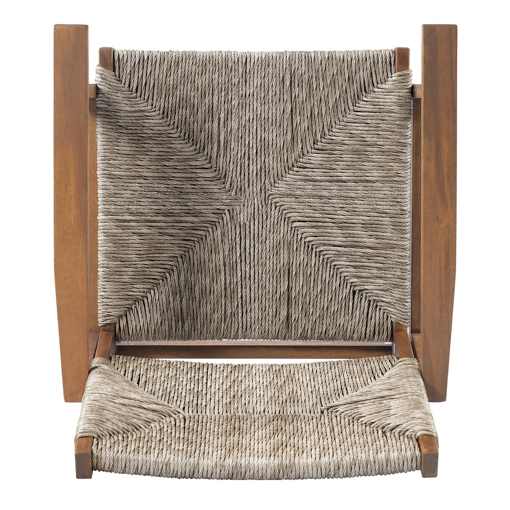 5-Piece Outdoor Dining Set: Brown Round Acacia Wood Table & 4 Brown Wicker Armchairs