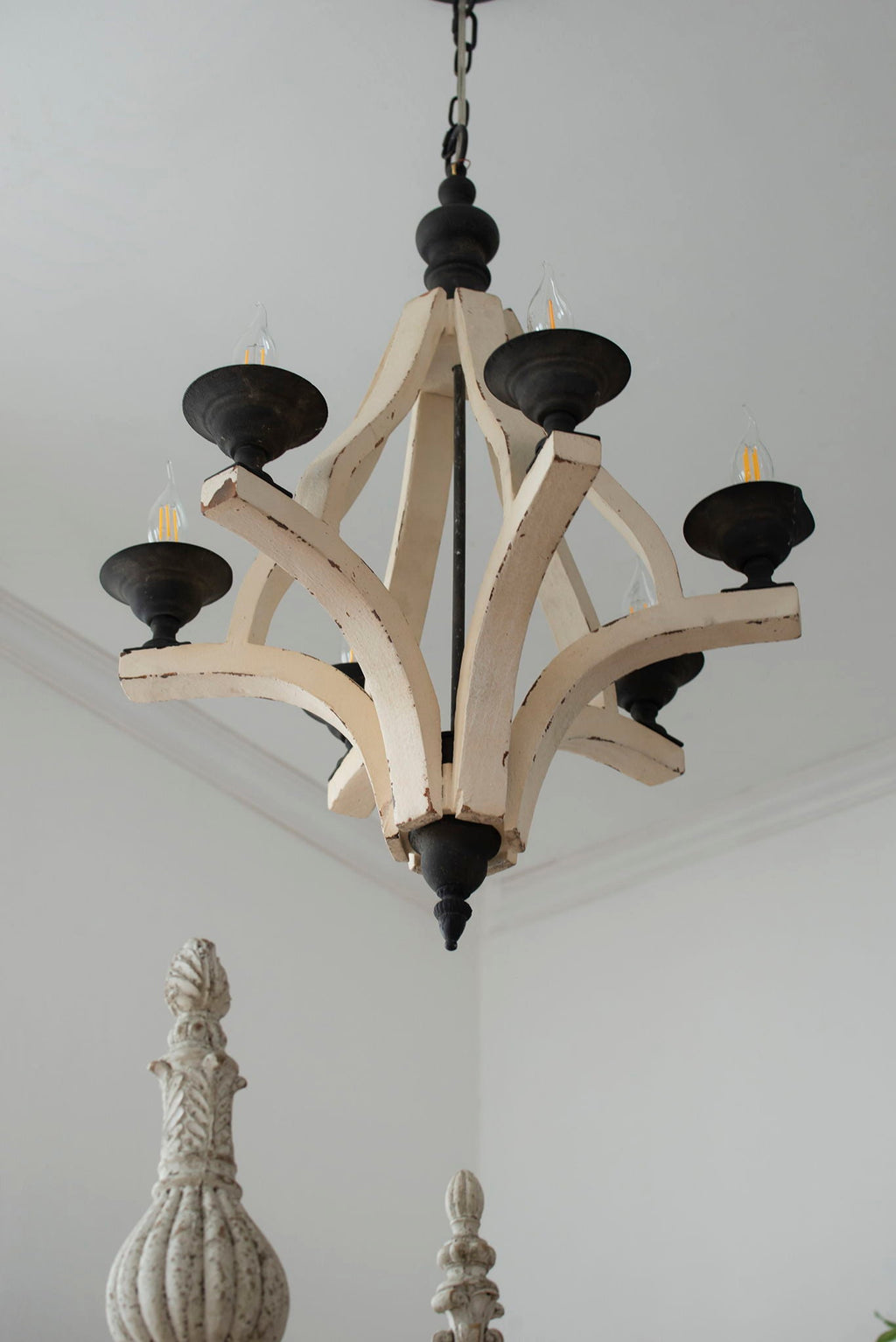 6 Light Wood Chandelier, Hanging Light Fixture With Adjustable Chain For Kitchen, Bulb Not Included - Cream