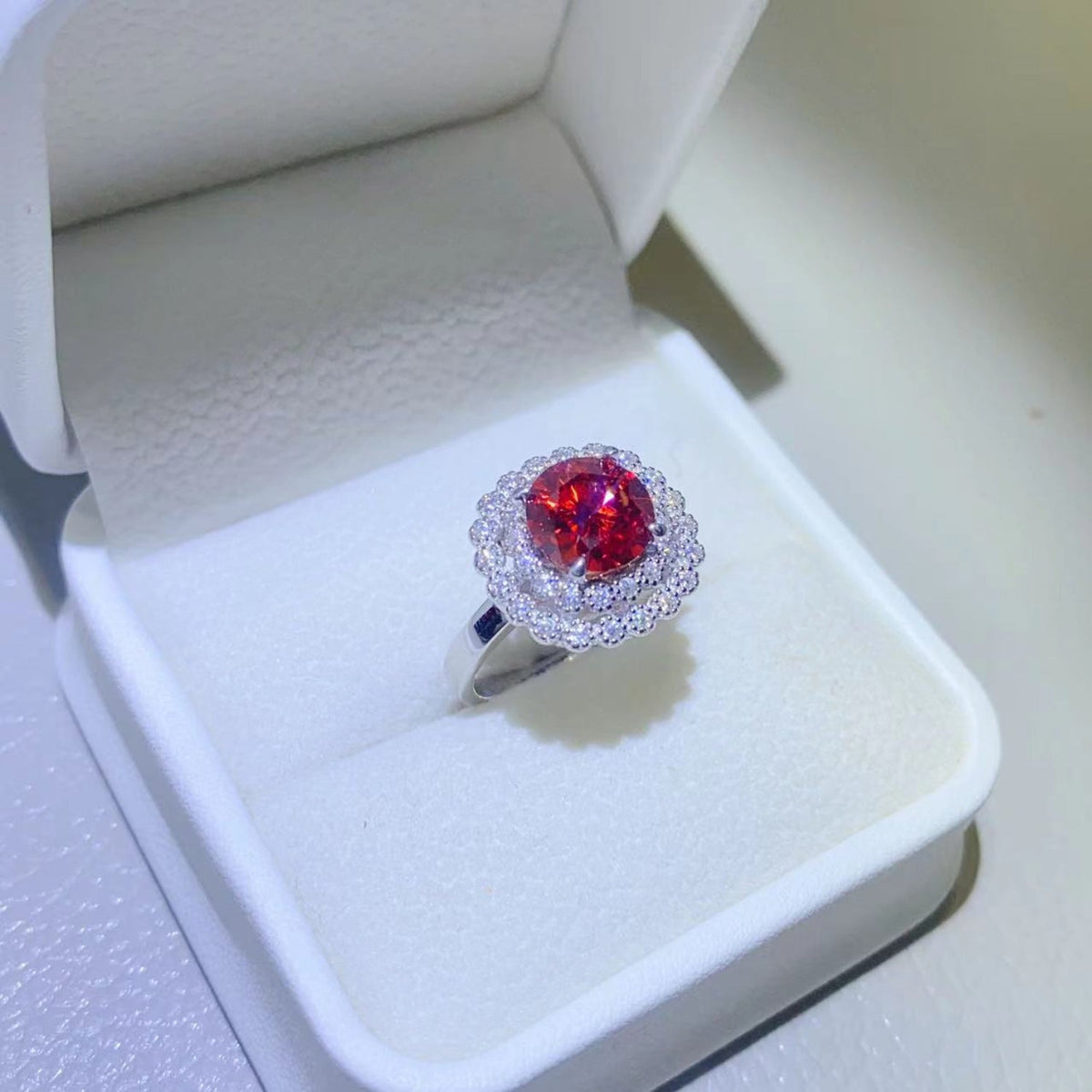 2 Carat Red Red Brilliant Round Cut Sparkala™ Pure Sterling Silver Halo Ring