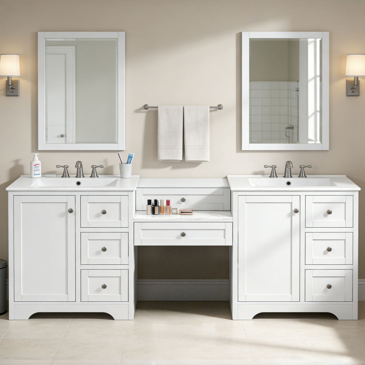 Double Sink Bathroom Vanity With Countertop, 2 Ceramic Sinks, 6 Drawers