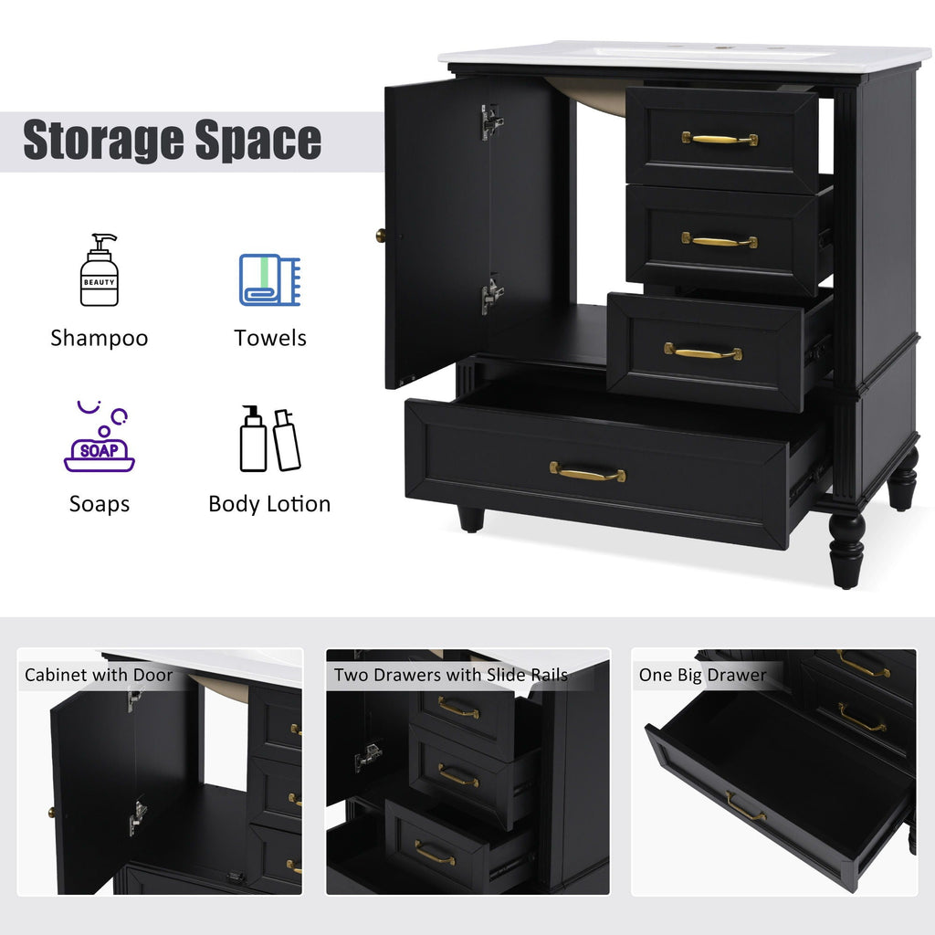 30" Bathroom Vanity With Sink, 3 Drawers, Adjustable Feet