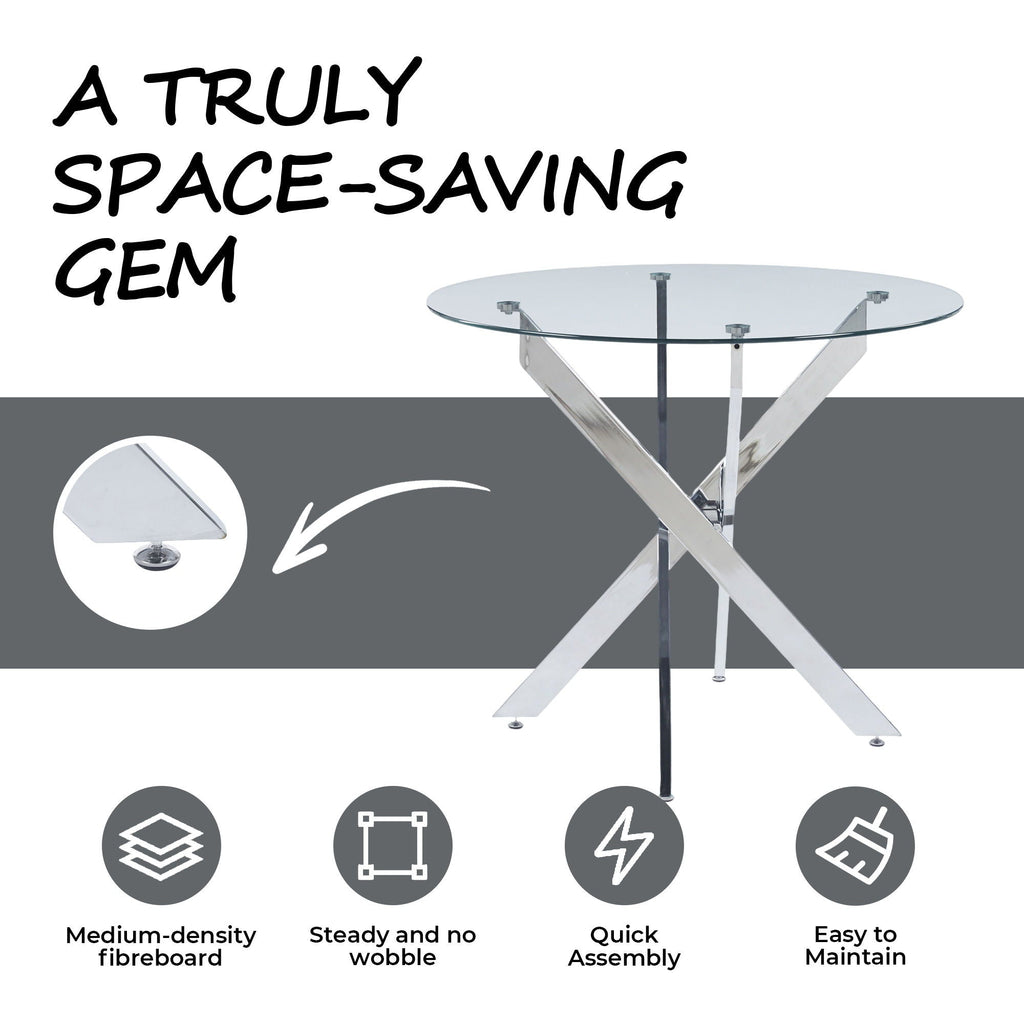 Dining Table With Cross Metal Leg And Tempered Glass, Modern Space Saving Kitchen Table For Living Room
