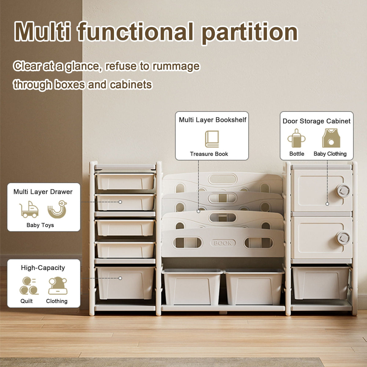 Kids Toy Storage Organizer With 8 Removable Toy Bins, 4 Tier Bookshelf, And 2 Cabinet Storage - Gray / Ivory