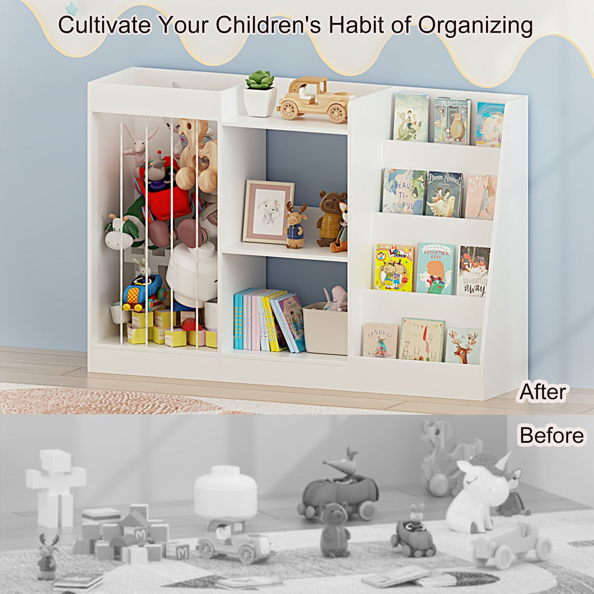 Bookshelf And Toy Storage, 3 Tier Montessori Bookcase With Stuffed Animal Organizer - White