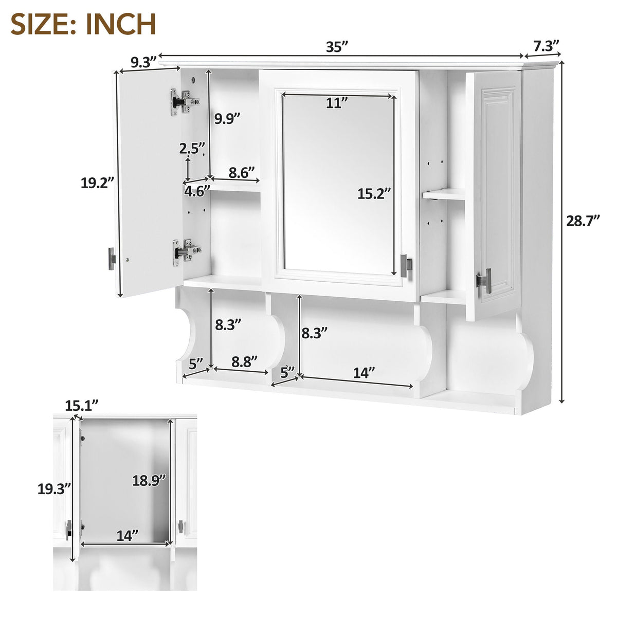 Wall Mounted Bathroom Medicine Wall Cabinet With Mirror & Open Shelves