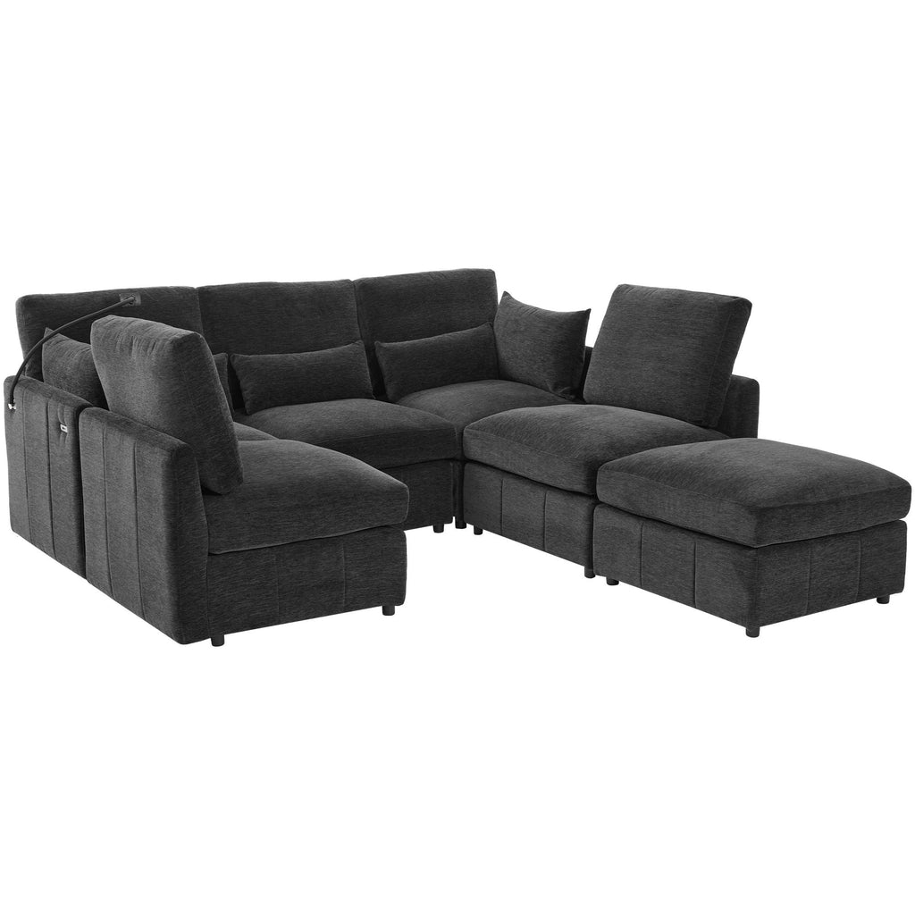 Modern Modular U-Shaped Sofa Bed With Movable Ottoman, USB Ports, Phone Holder
