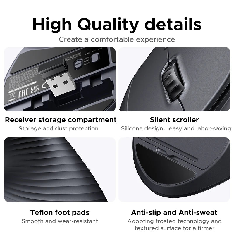 Bluetooth 2.4G Vertical Wireless Mouse Ergonomic 4000DPI 6 Mute Buttons for Macbook Tablet Laptops