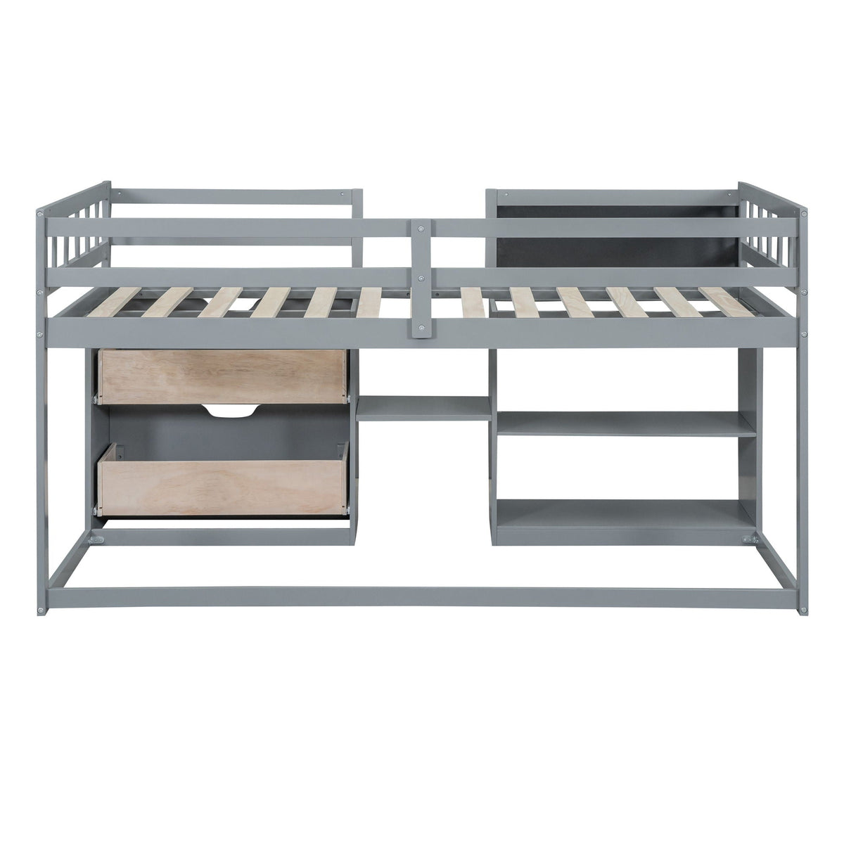 Low Loft Bed With Rolling Desk, Shelf And Drawers
