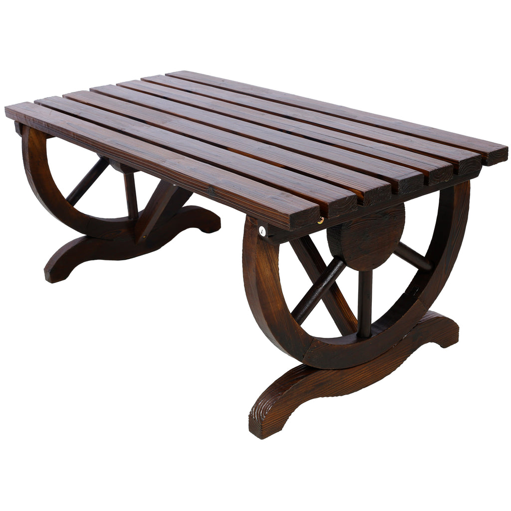 Outdoor Rustic Wooden Bench with Wagon Wheel Legs