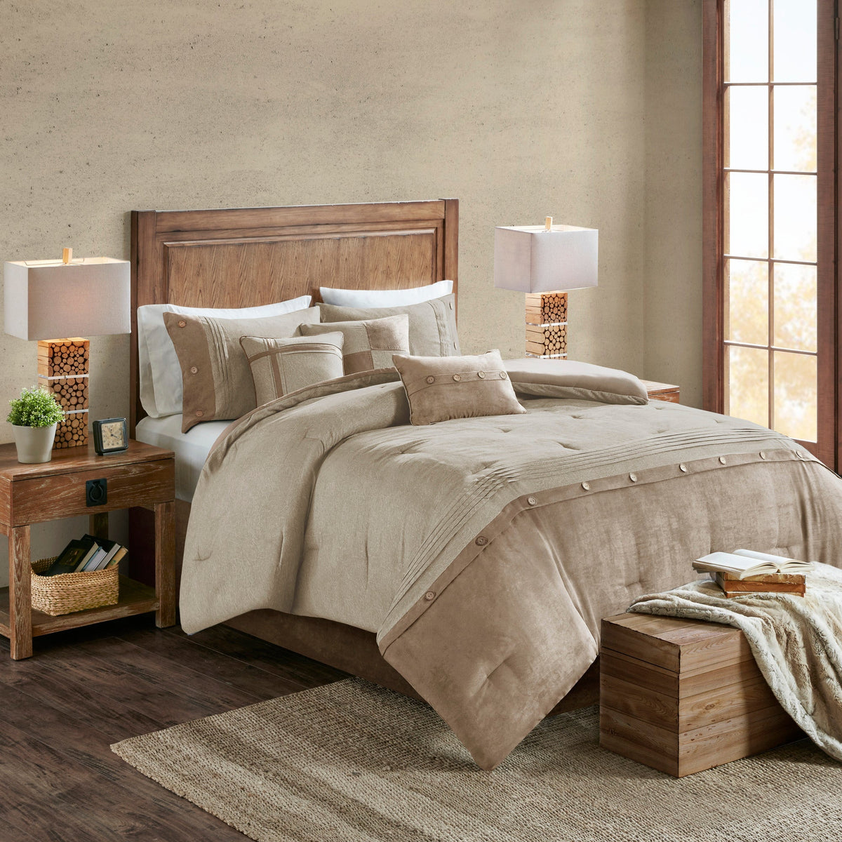 7 Piece Faux Suede Comforter Set Tan California King