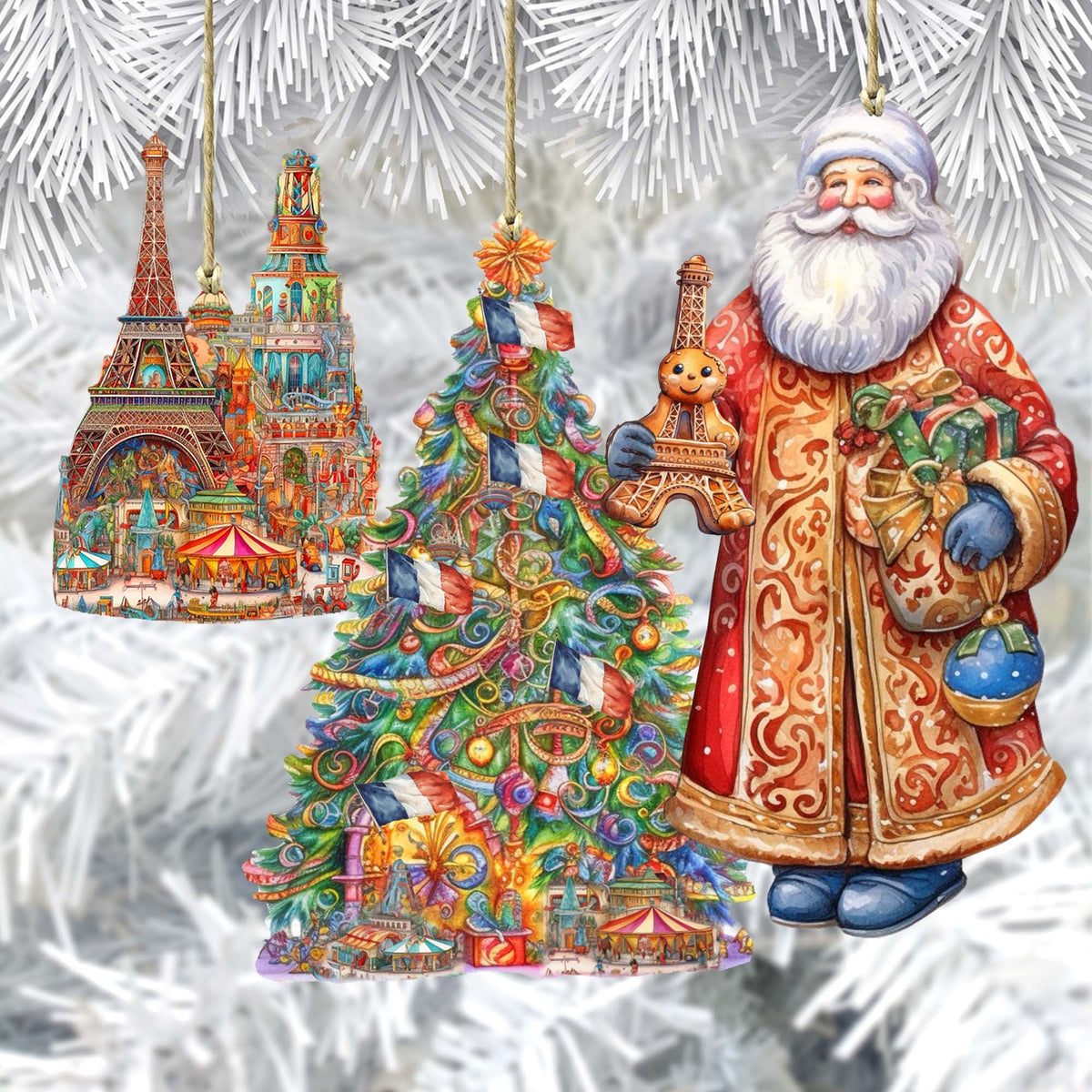 Santas Around the World - French Inspired Santa - Eco Wood Ornaments Set of 3 by G. DeBrekht Christmas Santa Snowman Decor - 8091303S3